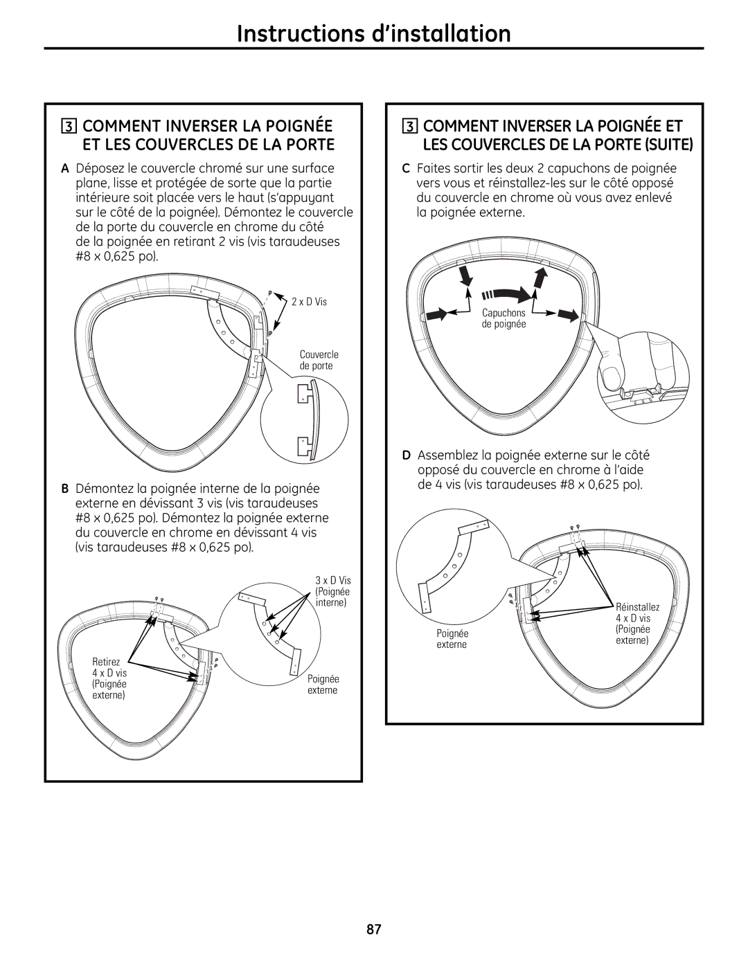 GE UPVH880 installation instructions Comment Inverser LA Poignée ET LES Couvercles DE LA Porte 