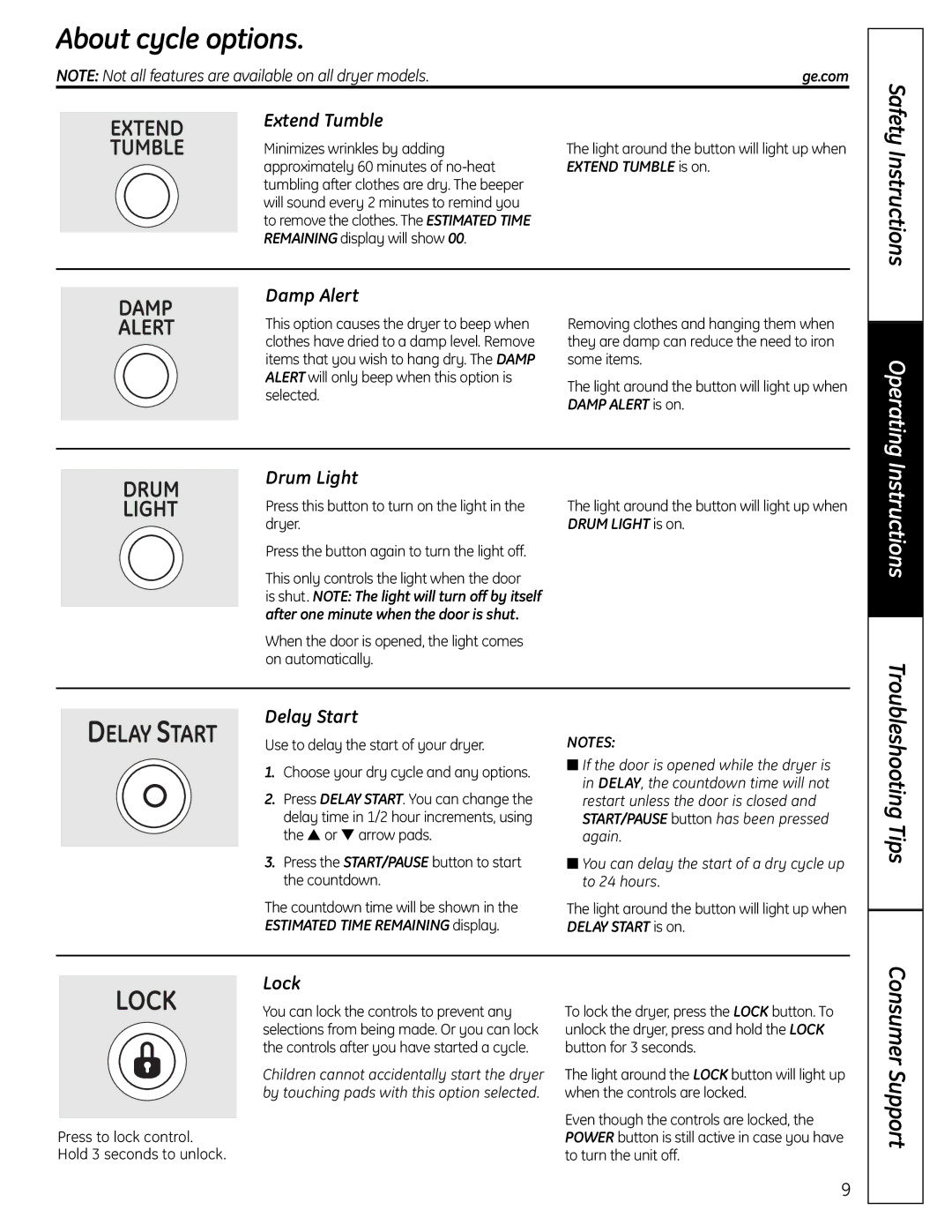 GE UPVH880 installation instructions About cycle options 