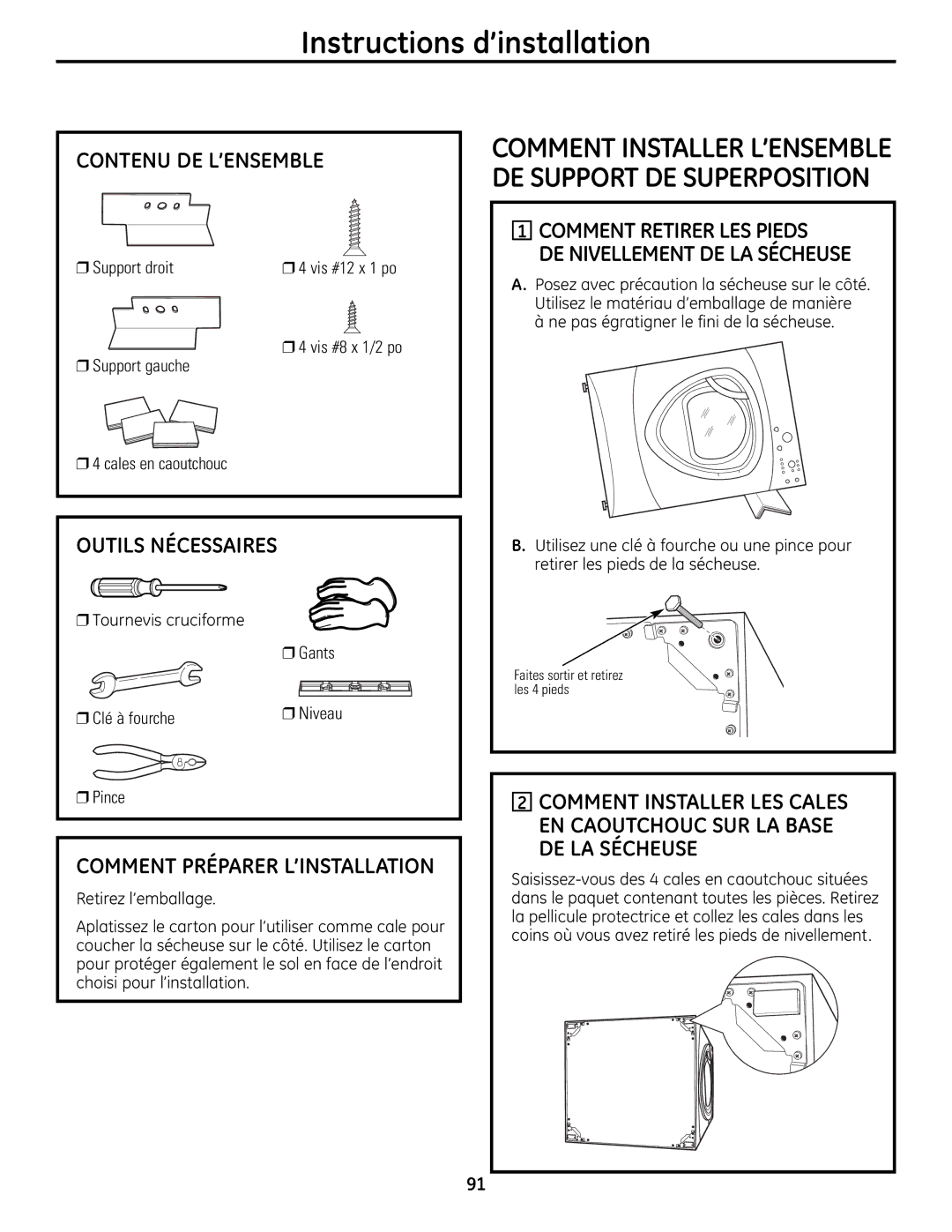 GE UPVH880 installation instructions Contenu DE L’ENSEMBLE, Tournevis cruciforme Gants Clé à fourche 