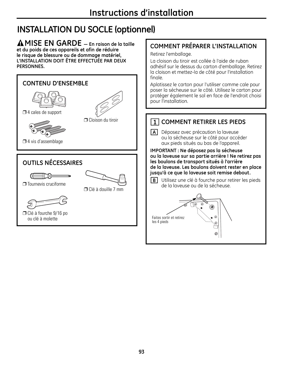 GE UPVH880 installation instructions Instructions d’installation Installation DU Socle optionnel, Contenu D’ENSEMBLE 