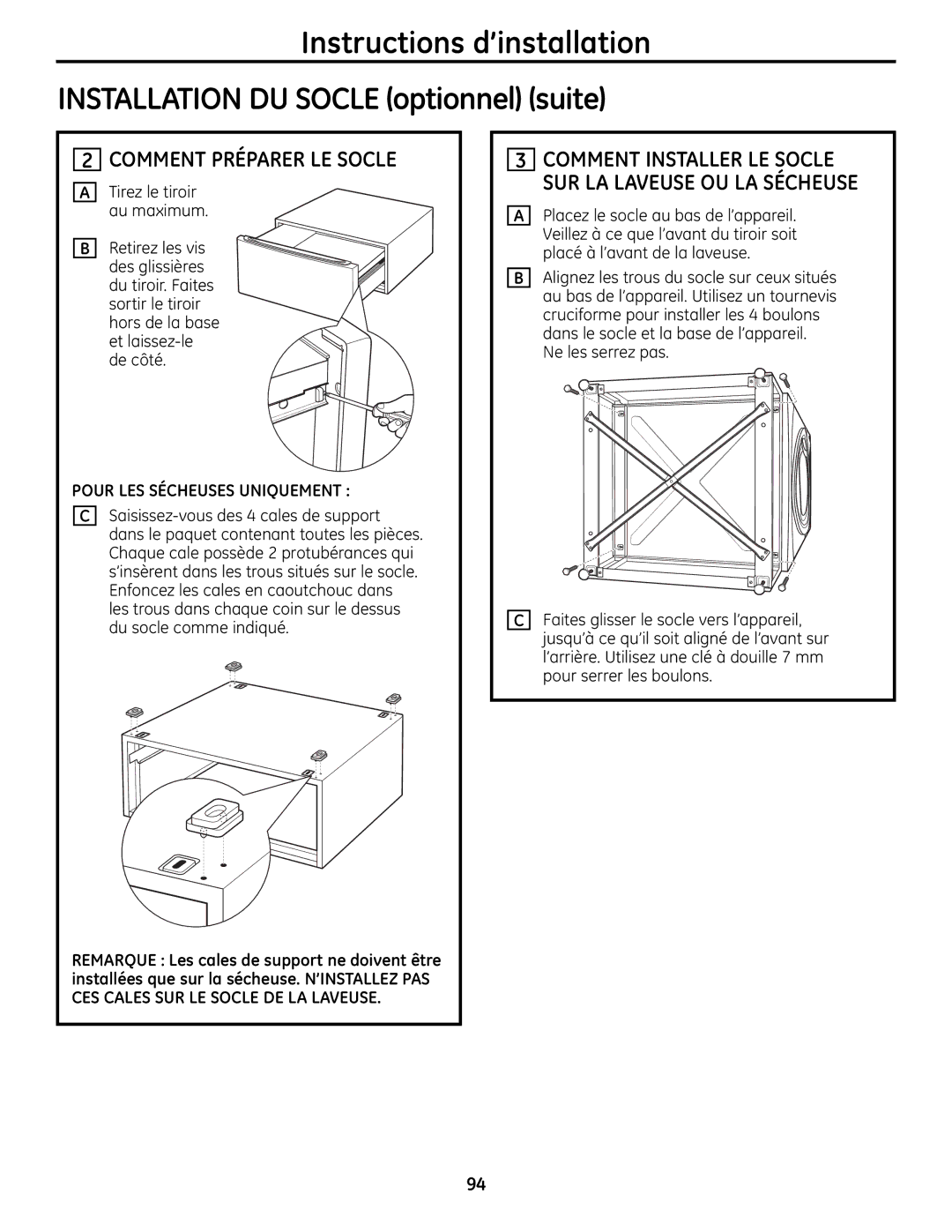 GE UPVH880 installation instructions Comment Préparer LE Socle, Pour LES Sécheuses Uniquement 