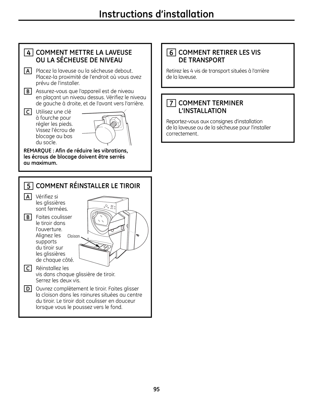 GE UPVH880 installation instructions Comment Réinstaller LE Tiroir, Comment Terminer L’INSTALLATION, Vérifiez si 