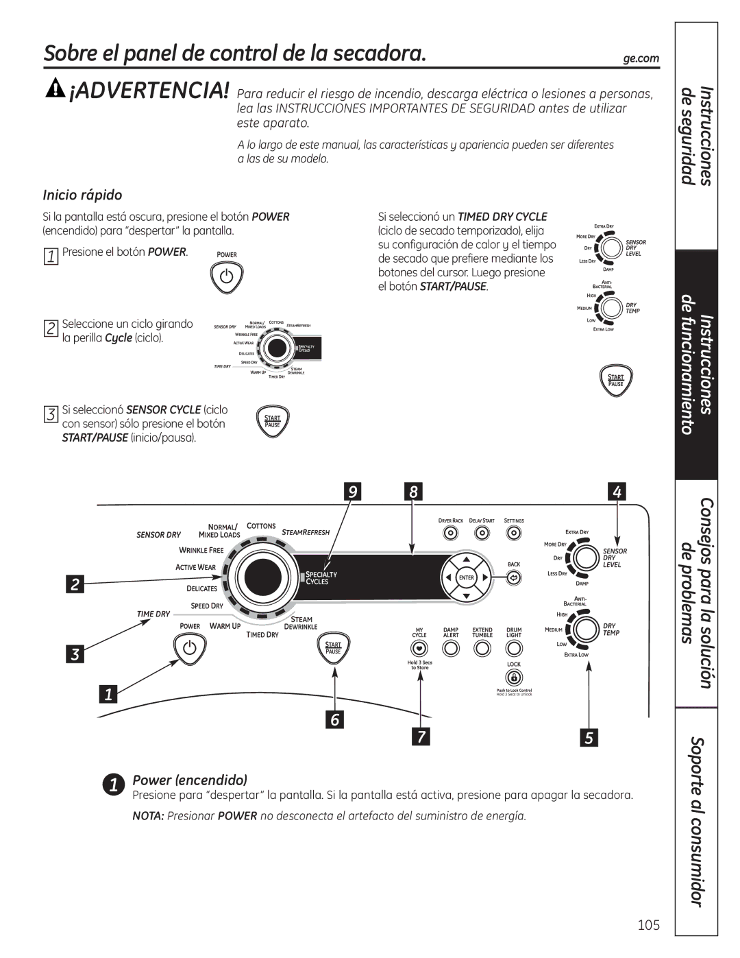 GE UPVH890 installation instructions Sobre el panel de control de la secadora, Inicio rápido, El botón START/PAUSE 