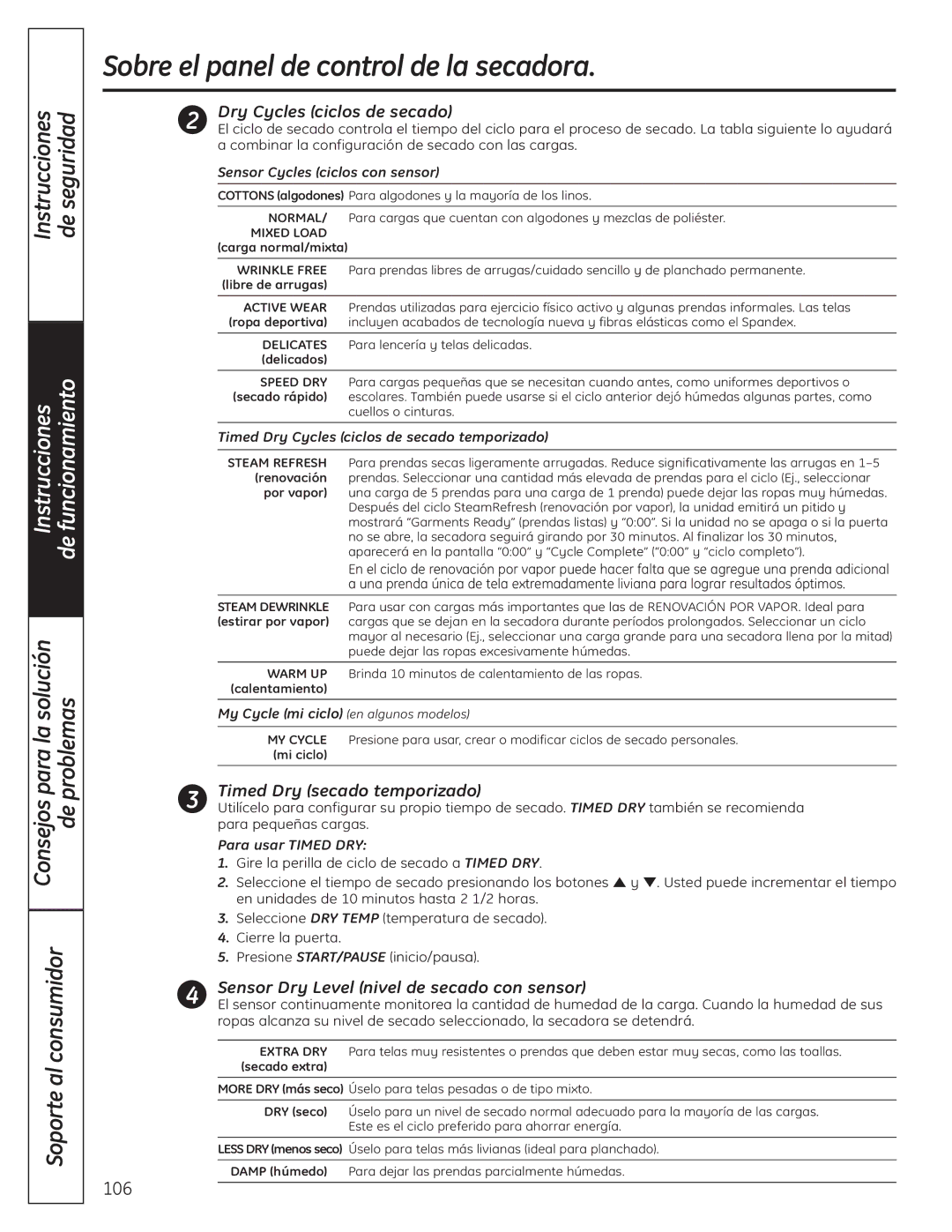 GE UPVH890 installation instructions Soporte al consumidor, Dry Cycles ciclos de secado 