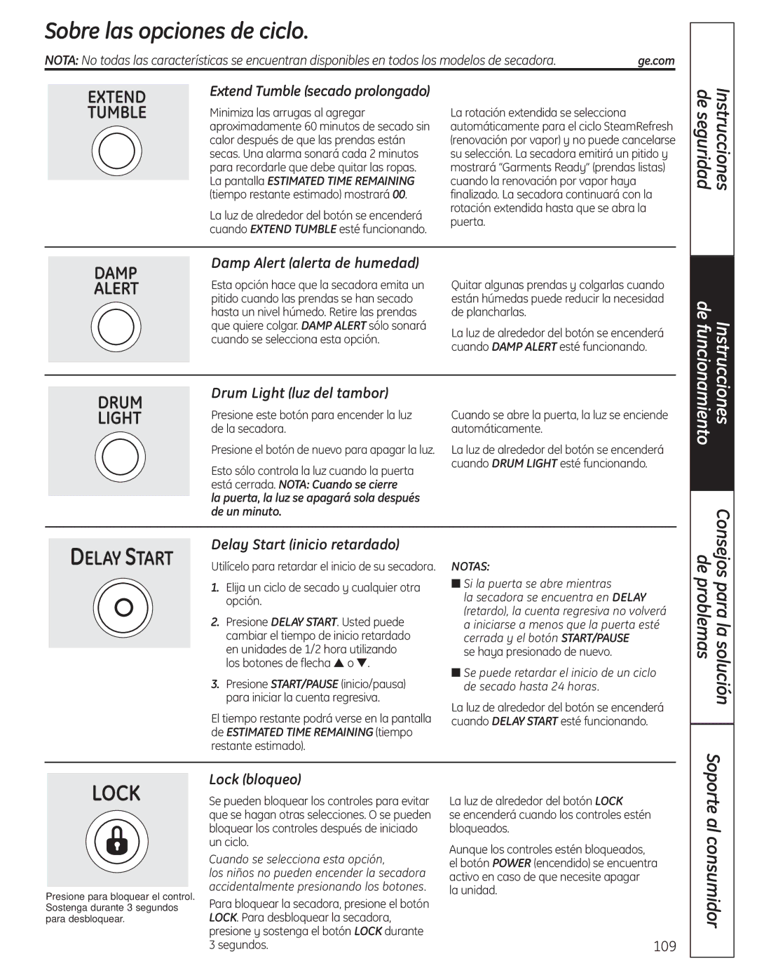 GE UPVH890 Sobre las opciones de ciclo, Damp Alert alerta de humedad, Drum Light luz del tambor, Lock bloqueo 