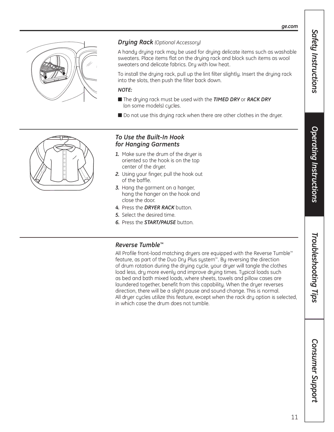 GE UPVH890 installation instructions Reverse Tumble, To Use the Built-In Hook for Hanging Garments 