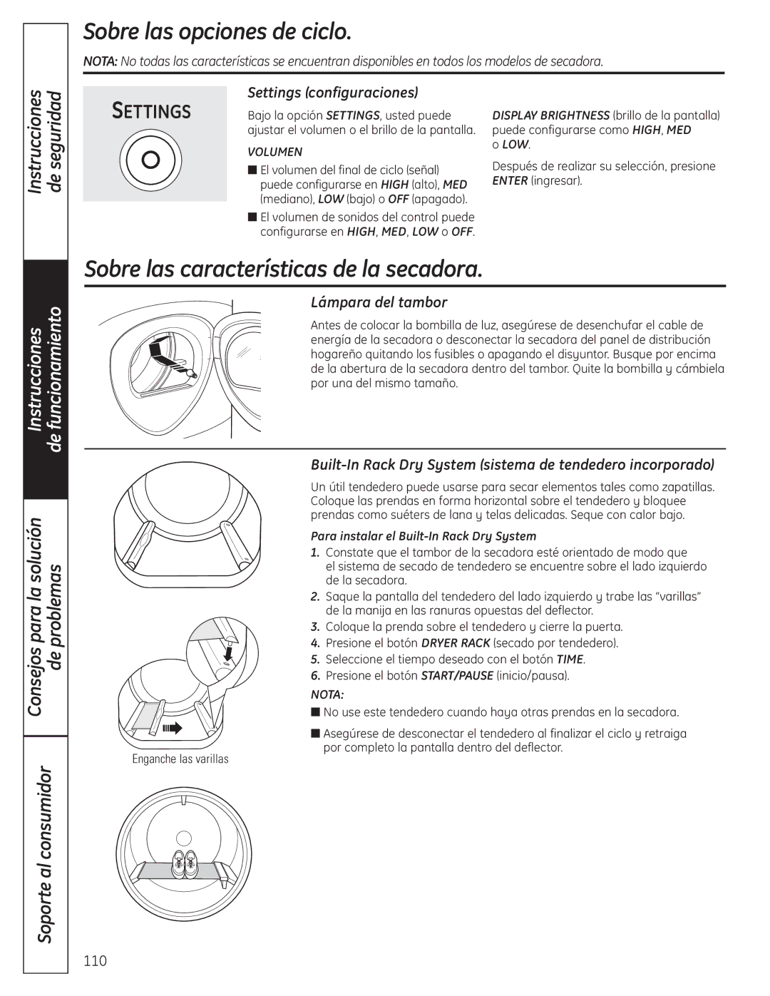 GE UPVH890 installation instructions Sobre las características de la secadora, Settings configuraciones, Lámpara del tambor 