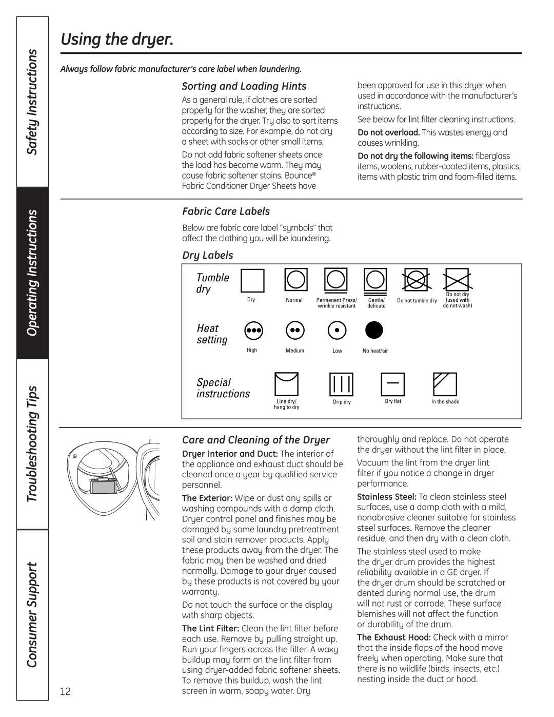 GE UPVH890 Using the dryer, Sorting and Loading Hints, Fabric Care Labels, Dry Labels, Care and Cleaning of the Dryer 