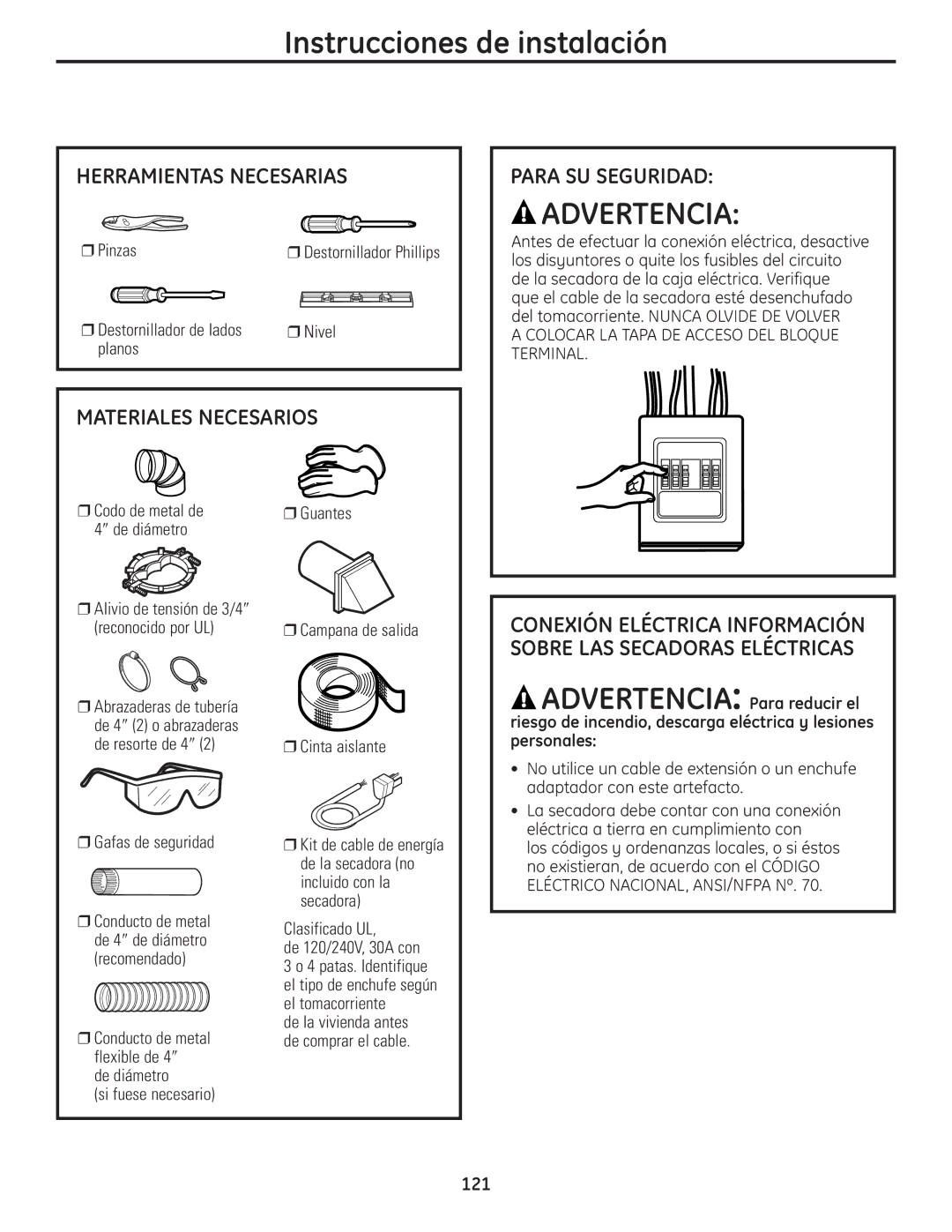 GE UPVH890 installation instructions Destornillador de lados, Planos, Clasificado UL De 120/240V, 30A con 