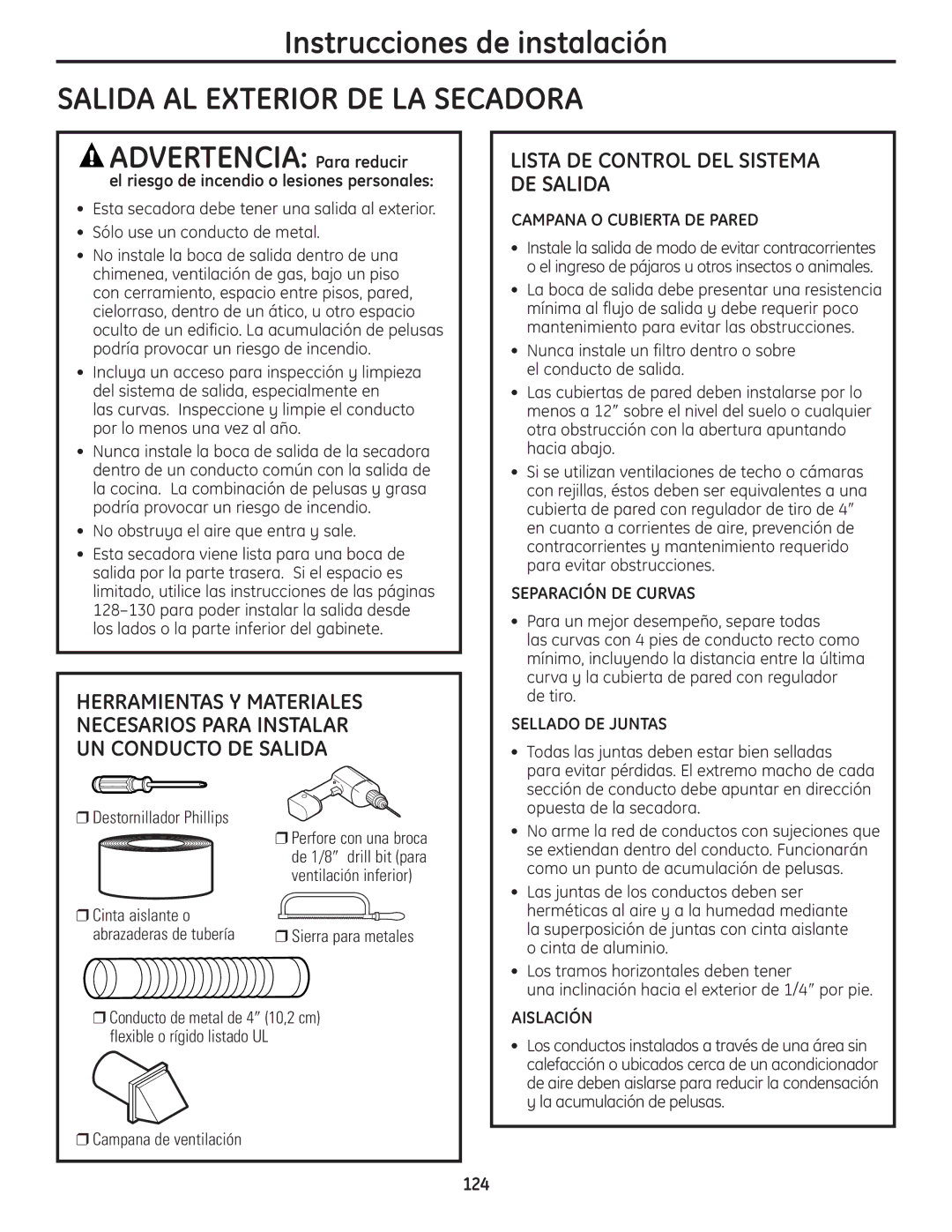 GE UPVH890 installation instructions Salida AL Exterior DE LA Secadora, Lista DE Control DEL Sistema DE Salida 