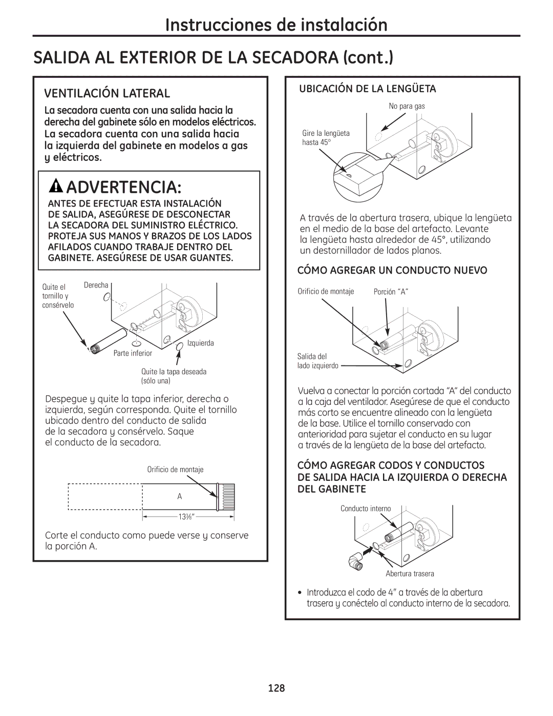 GE UPVH890 installation instructions Ventilación Lateral, Ubicación DE LA Lengüeta, Cómo Agregar UN Conducto Nuevo 