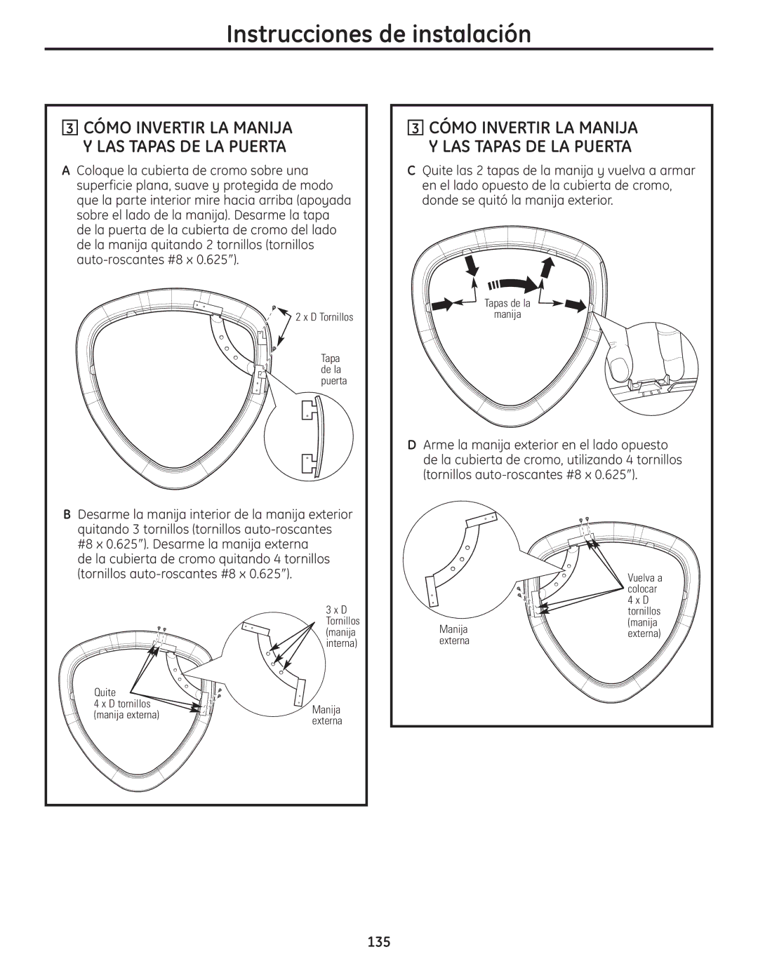 GE UPVH890 installation instructions Cómo Invertir LA Manija Y LAS Tapas DE LA Puerta 