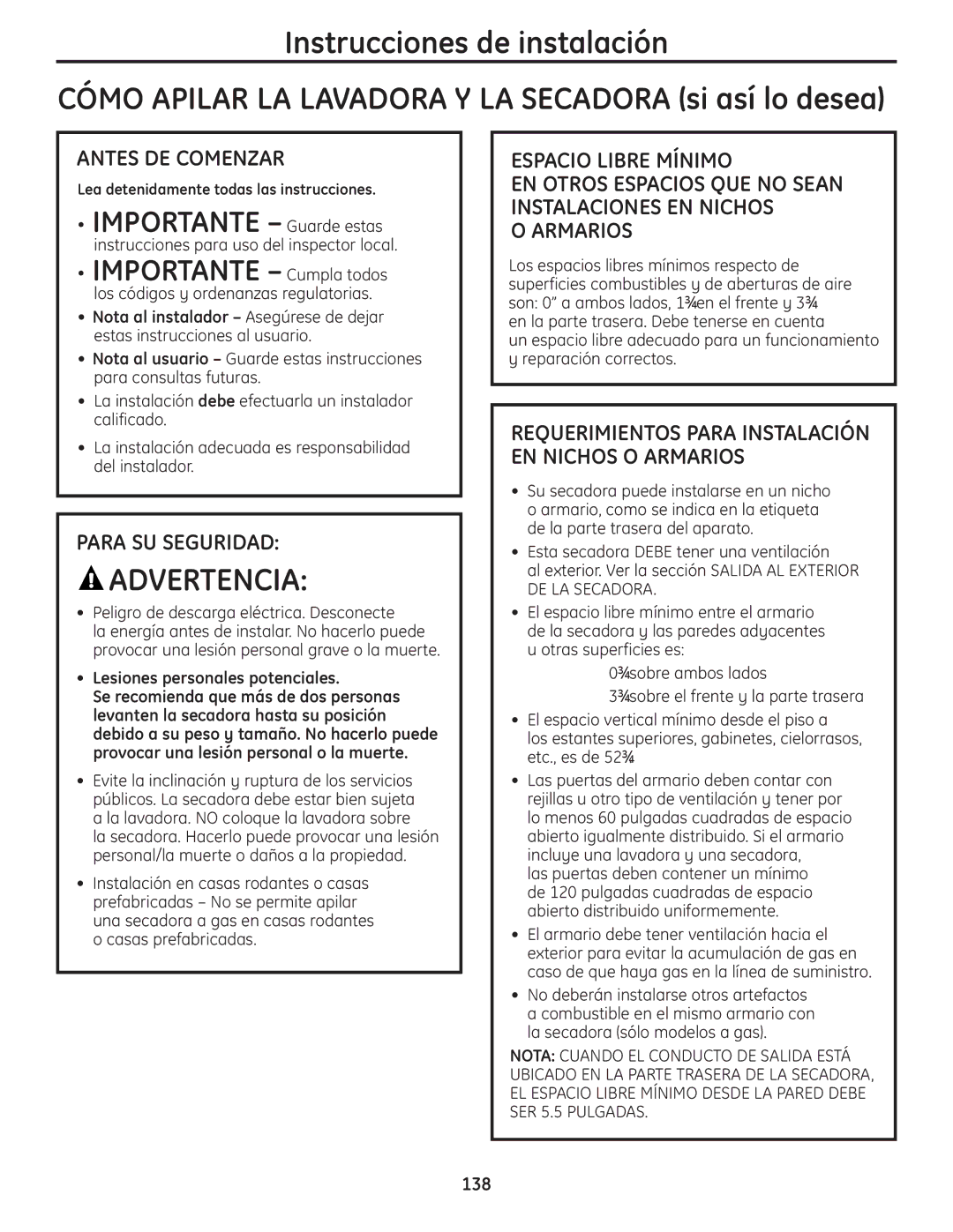 GE UPVH890 installation instructions Espacio Libre Mínimo, Armarios, EN Otros Espacios QUE no Sean Instalaciones EN Nichos 