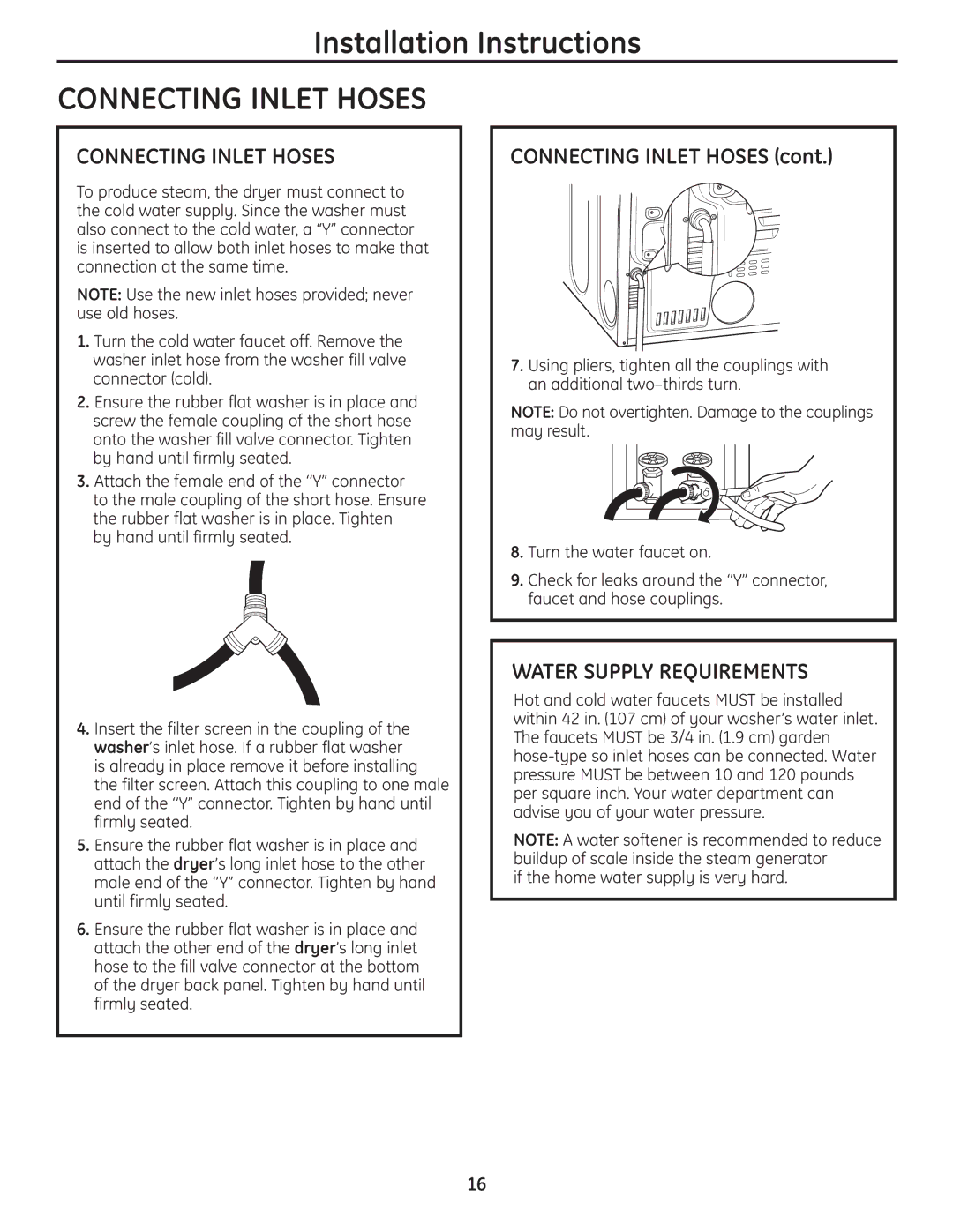 GE UPVH890 installation instructions Connecting Inlet Hoses, Water Supply Requirements, By hand until firmly seated 