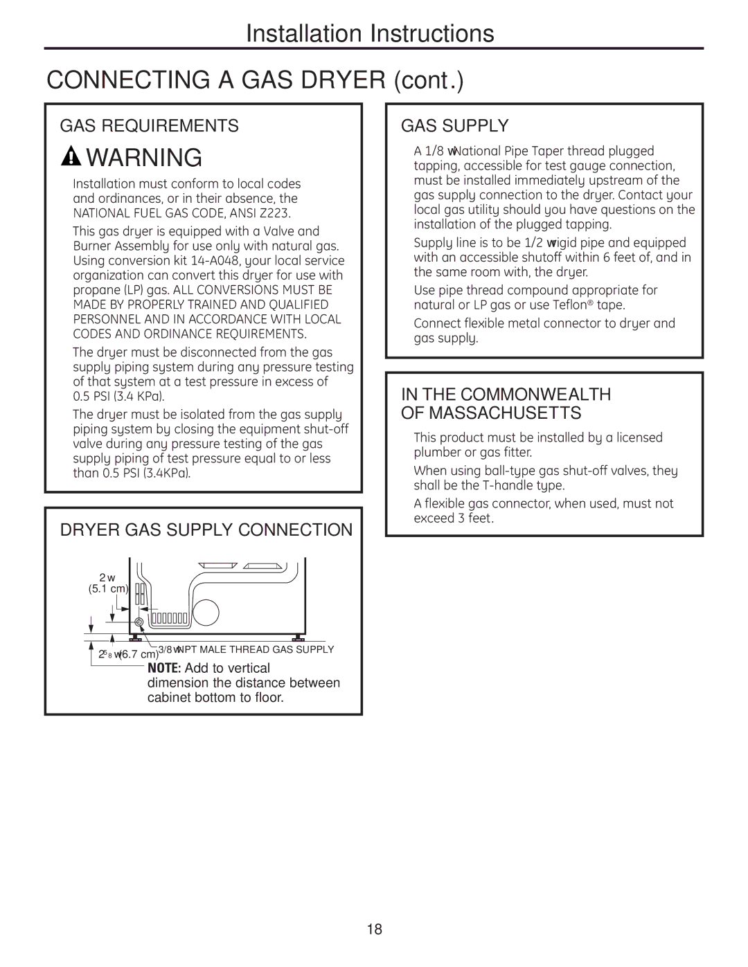 GE UPVH890 Installation Instructions Connecting a GAS Dryer, GAS Requirements, Dryer GAS Supply Connection 