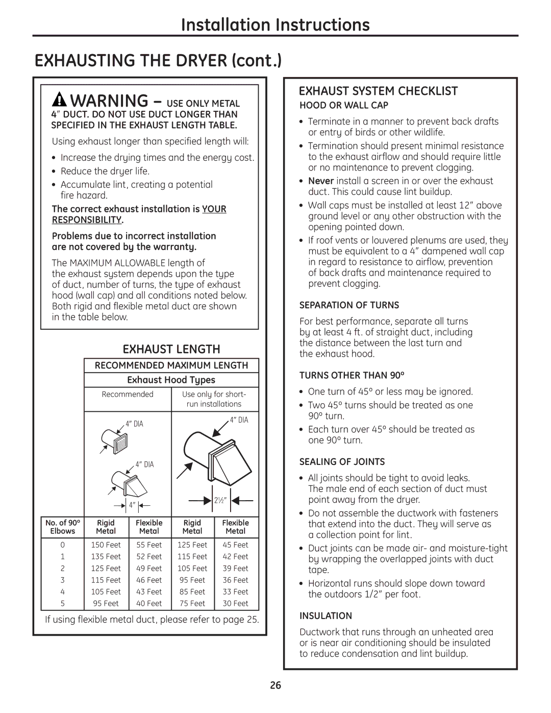 GE UPVH890 installation instructions Specified in the Exhaust Length Table, Responsibility, Recommended Maximum Length 