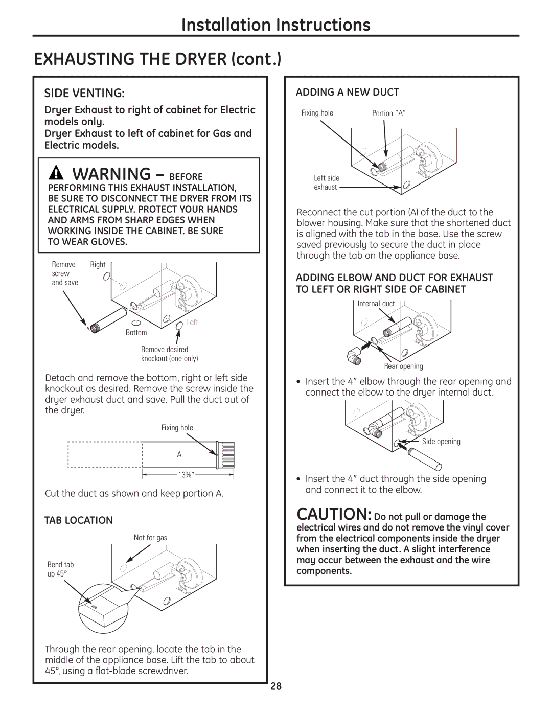 GE UPVH890 Installation Instructions Exhausting the Dryer, Side Venting, TAB Location, Adding a NEW Duct, To Wear Gloves 