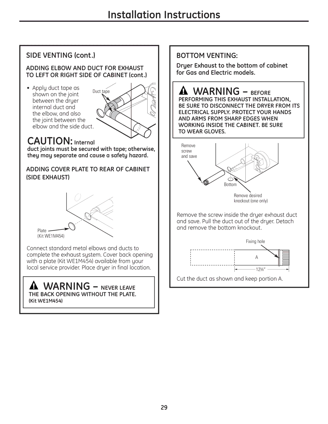 GE UPVH890 installation instructions Bottom Venting, Adding Cover Plate to Rear of Cabinet Side Exhaust 