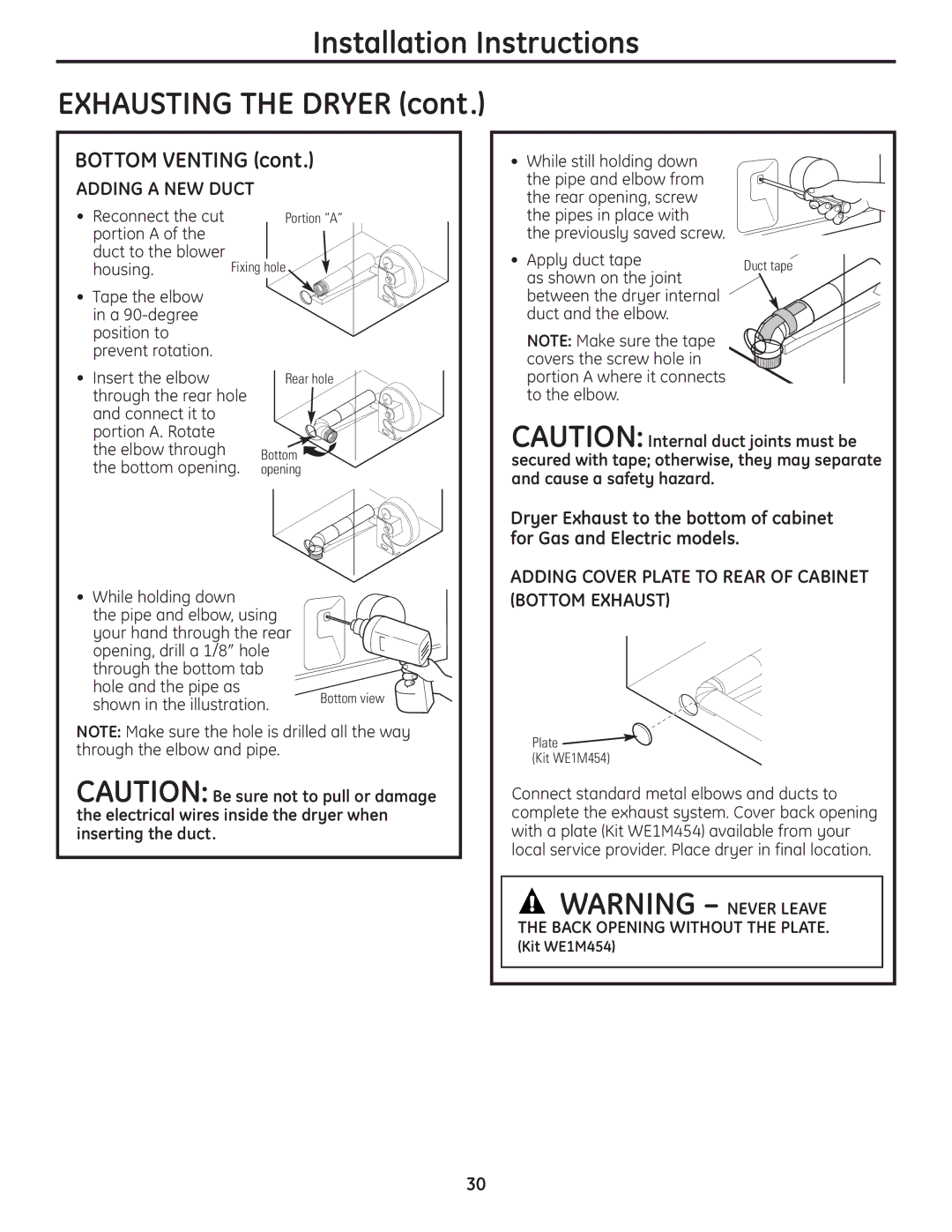 GE UPVH890 Adding Cover Plate to Rear of Cabinet Bottom Exhaust, Reconnect the cut, Portion a Duct to the blower 