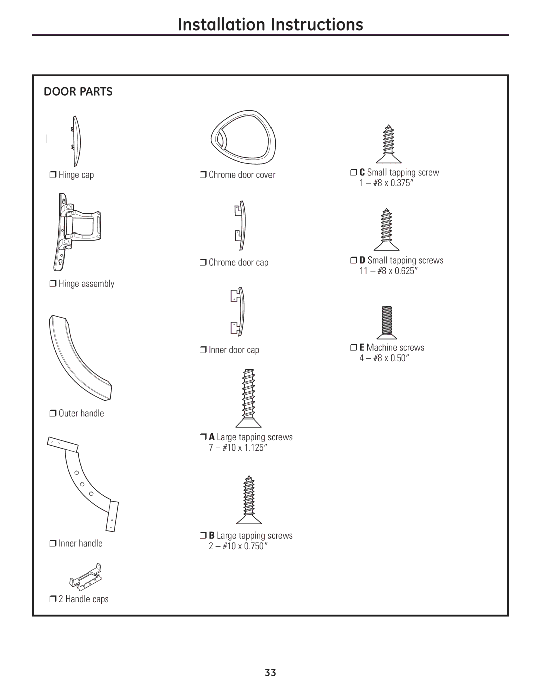 GE UPVH890 installation instructions Door Parts 