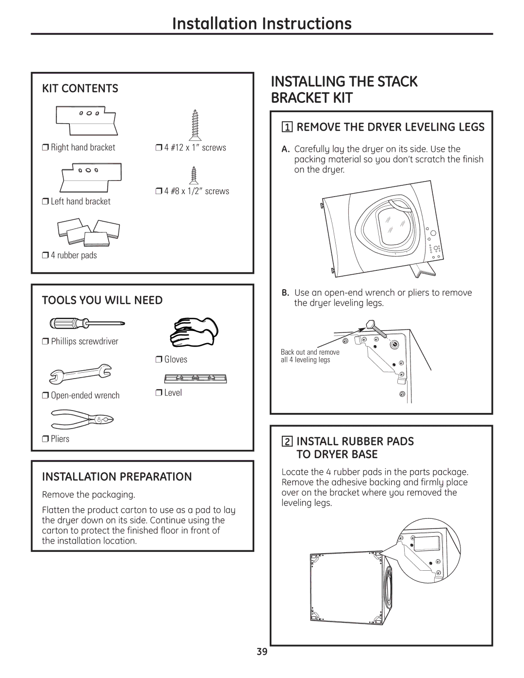 GE UPVH890 installation instructions KIT Contents, Installation Preparation, Install Rubber Pads to Dryer Base 