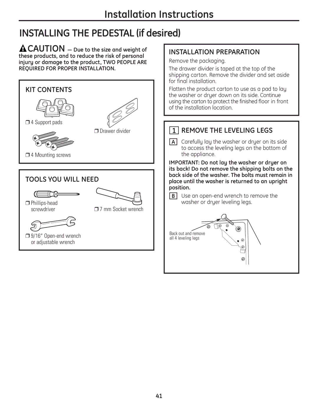 GE UPVH890 Remove the Leveling Legs, Support pads Drawer divider Mounting screws, Phillips-head, Screwdriver 