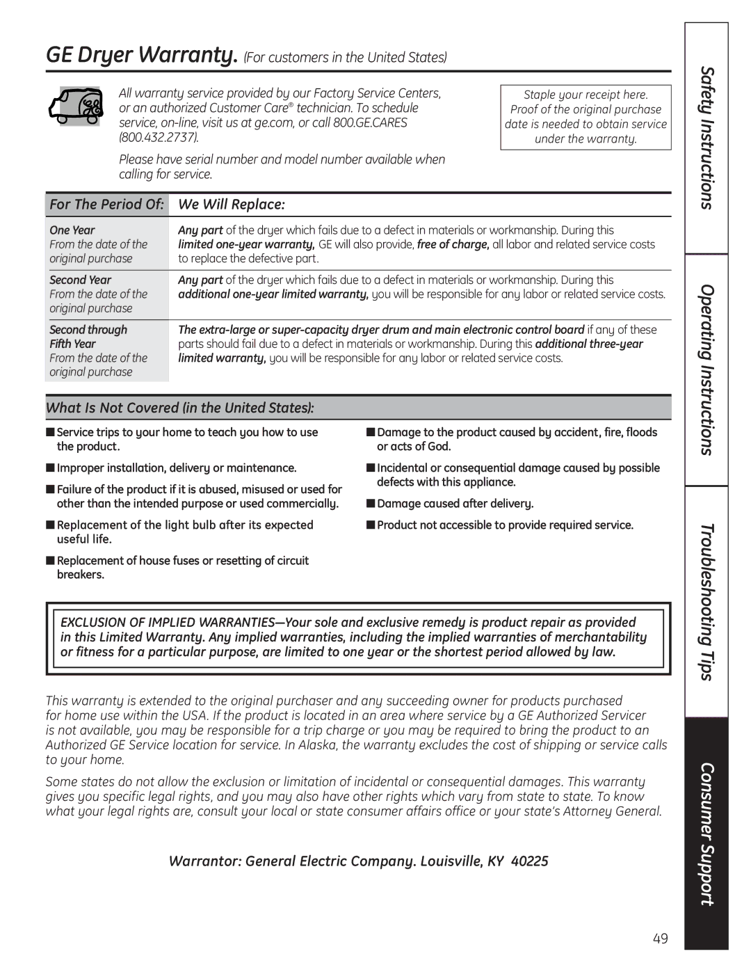 GE UPVH890 For The Period Of We Will Replace, What Is Not Covered in the United States, Safety Instructions 