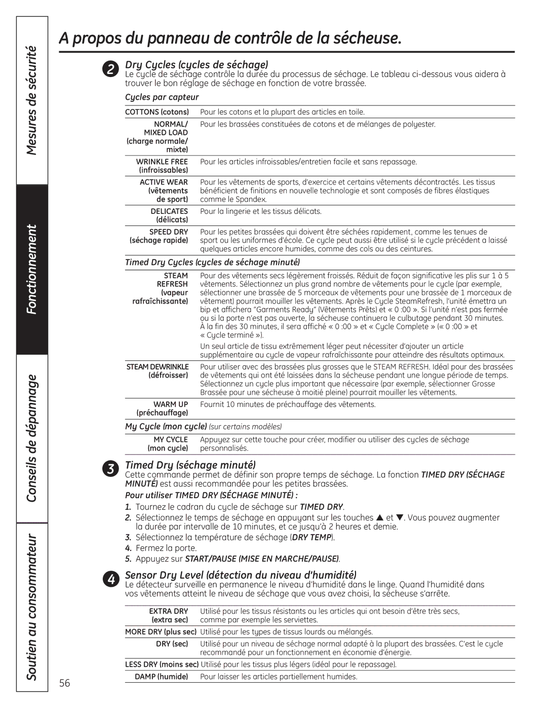 GE UPVH890 Propos du panneau de contrôle de la sécheuse, Dry Cycles cycles de séchage, Timed Dry séchage minuté 