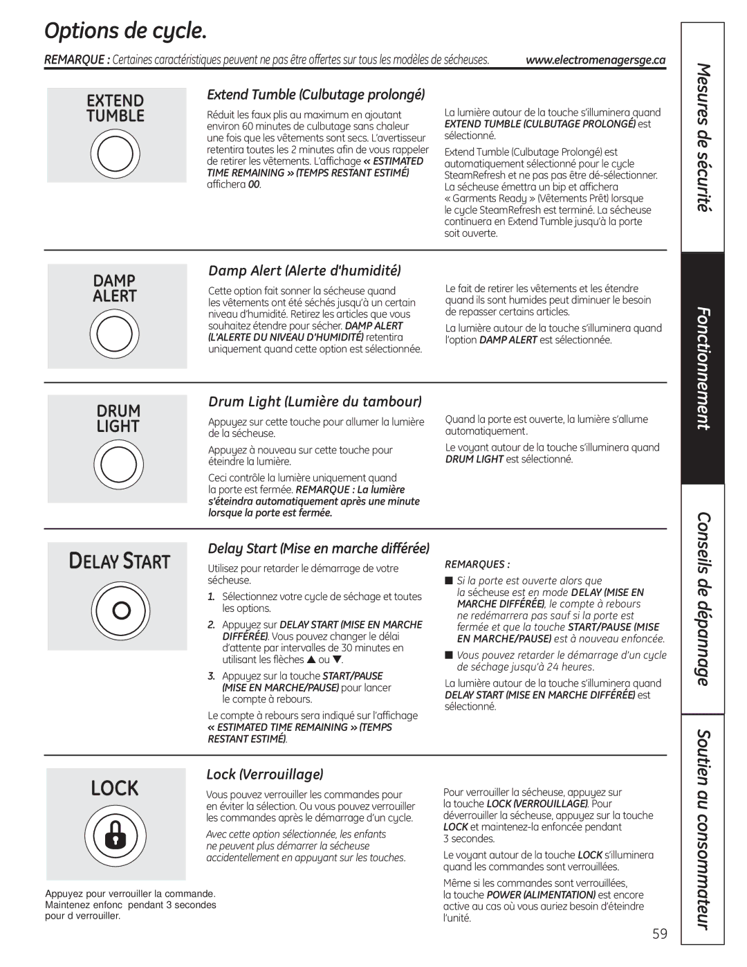 GE UPVH890 Options de cycle, Drum Light Lumière du tambour, Delay Start Mise en marche différée, Lock Verrouillage 