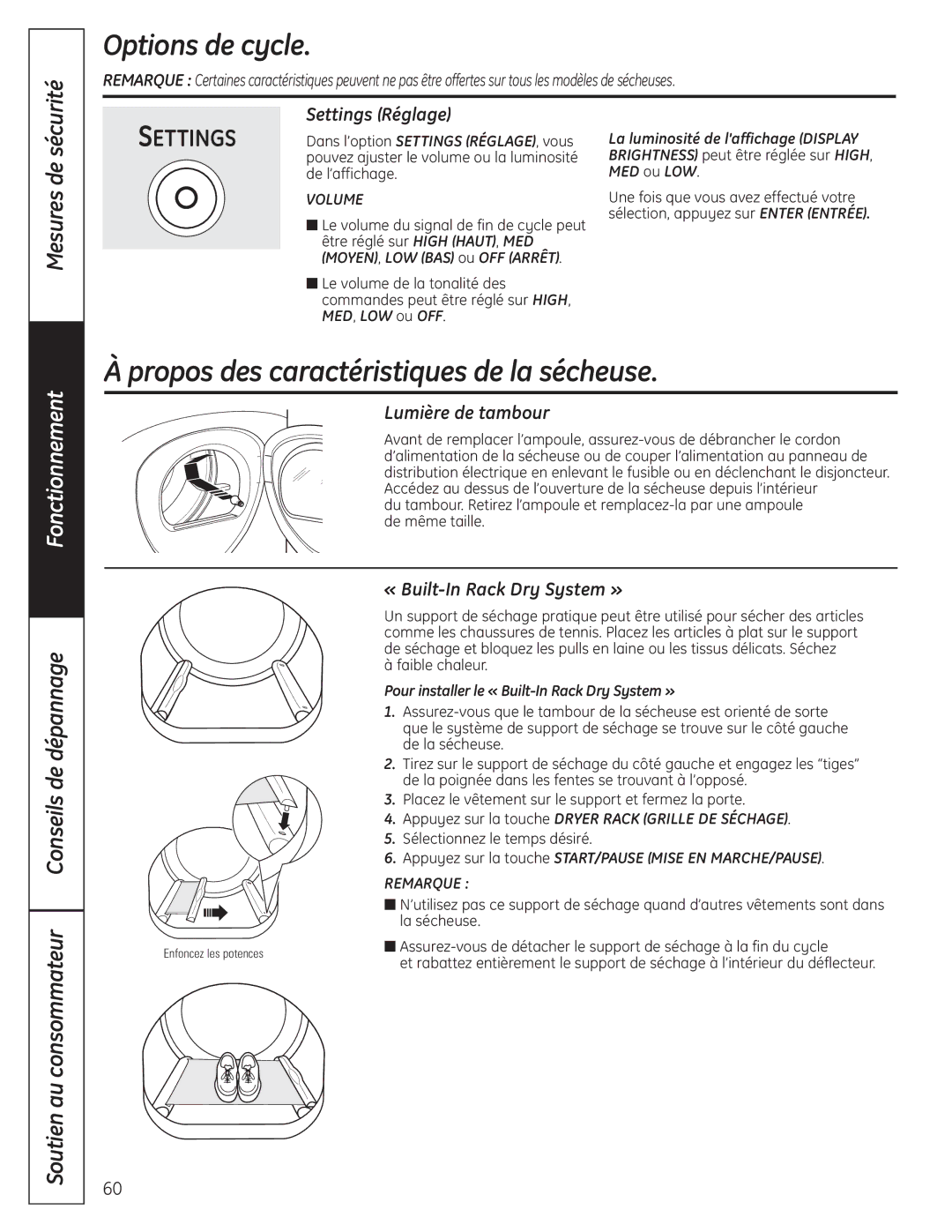 GE UPVH890 Propos des caractéristiques de la sécheuse, Settings Réglage, Lumière de tambour, « Built-In Rack Dry System » 