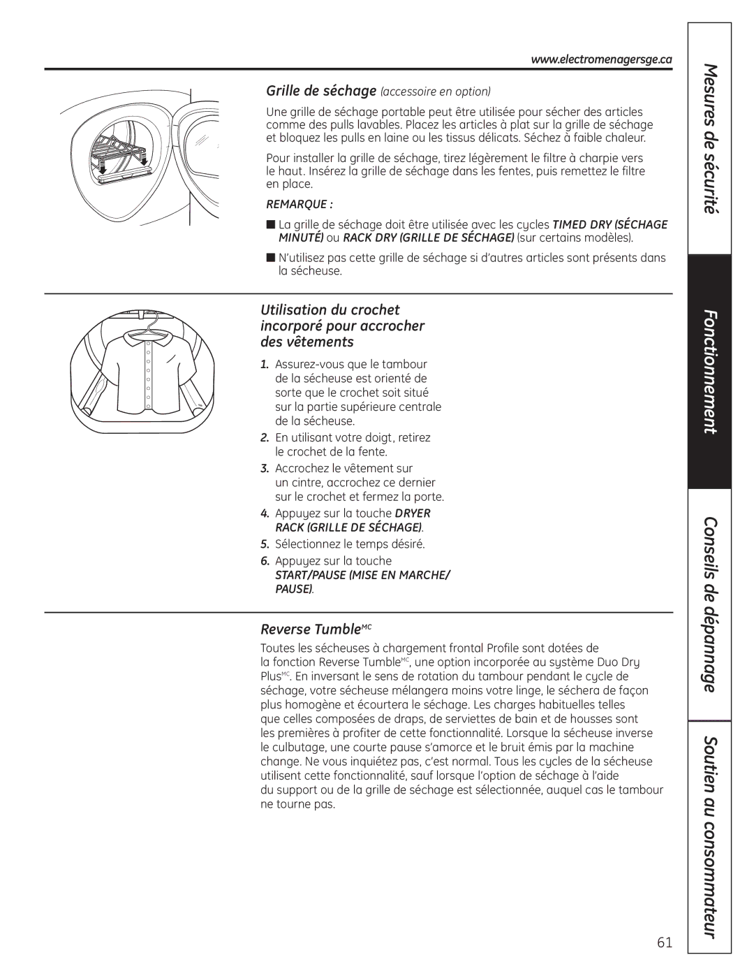 GE UPVH890 installation instructions Reverse TumbleMC, Sélectionnez le temps désiré Appuyez sur la touche 