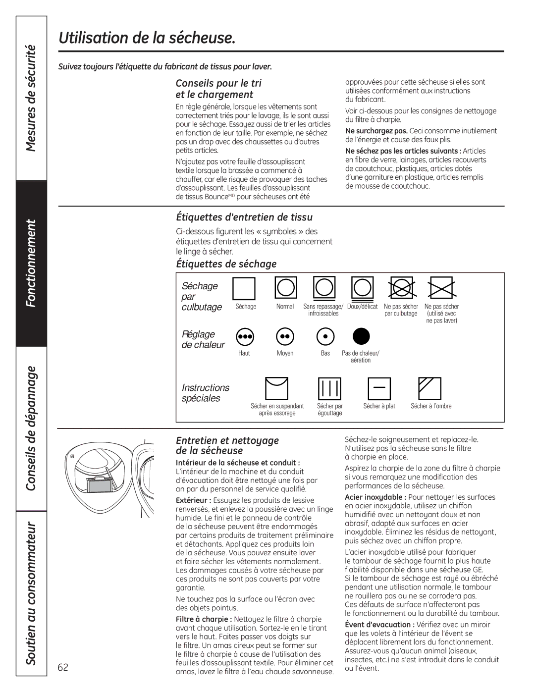 GE UPVH890 Utilisation de la sécheuse, Étiquettes d’entretien de tissu, Étiquettes de séchage, Entretien et nettoyage 