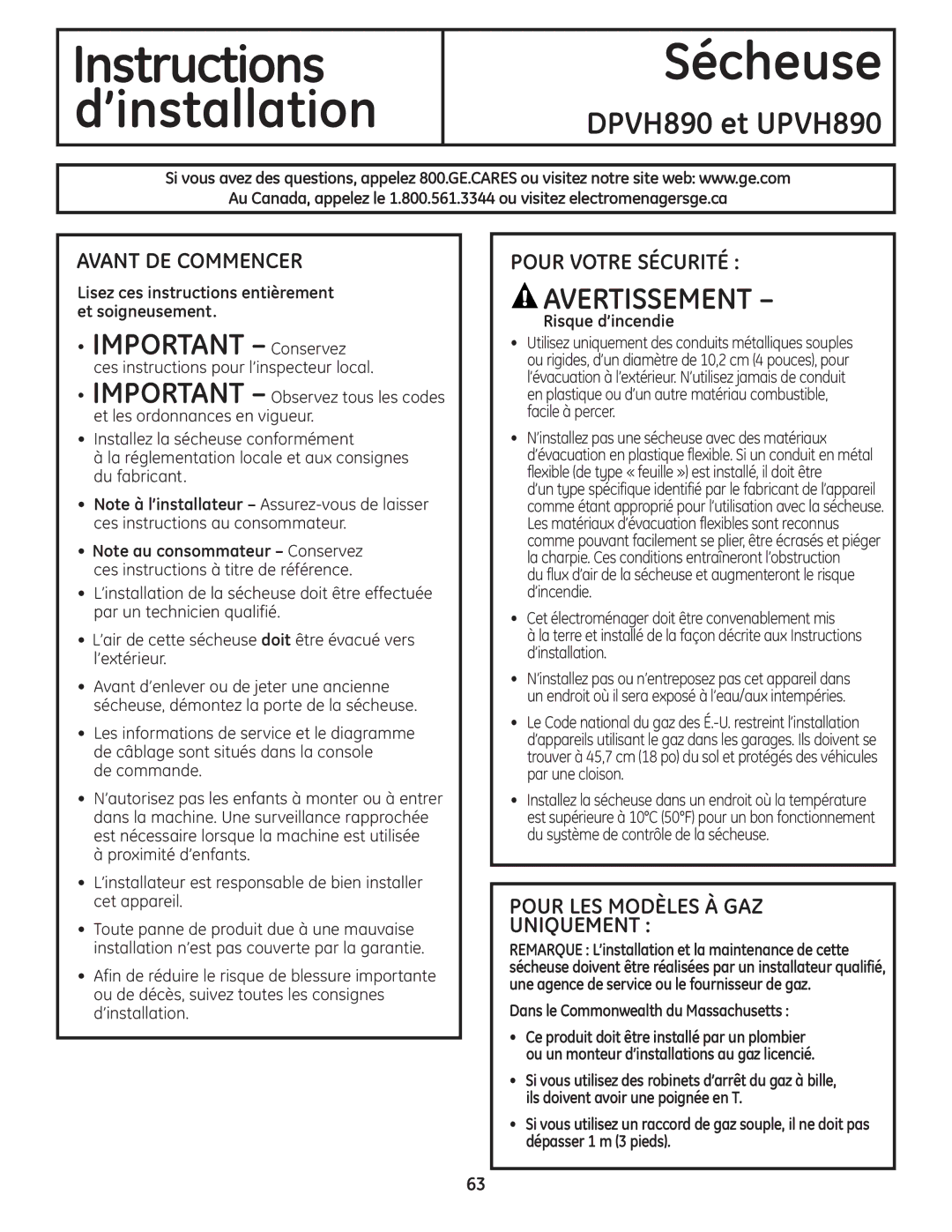 GE DPVH890 et UPVH890, Avant DE Commencer, Pour Votre Sécurité, Pour LES Modèles À GAZ Uniquement 