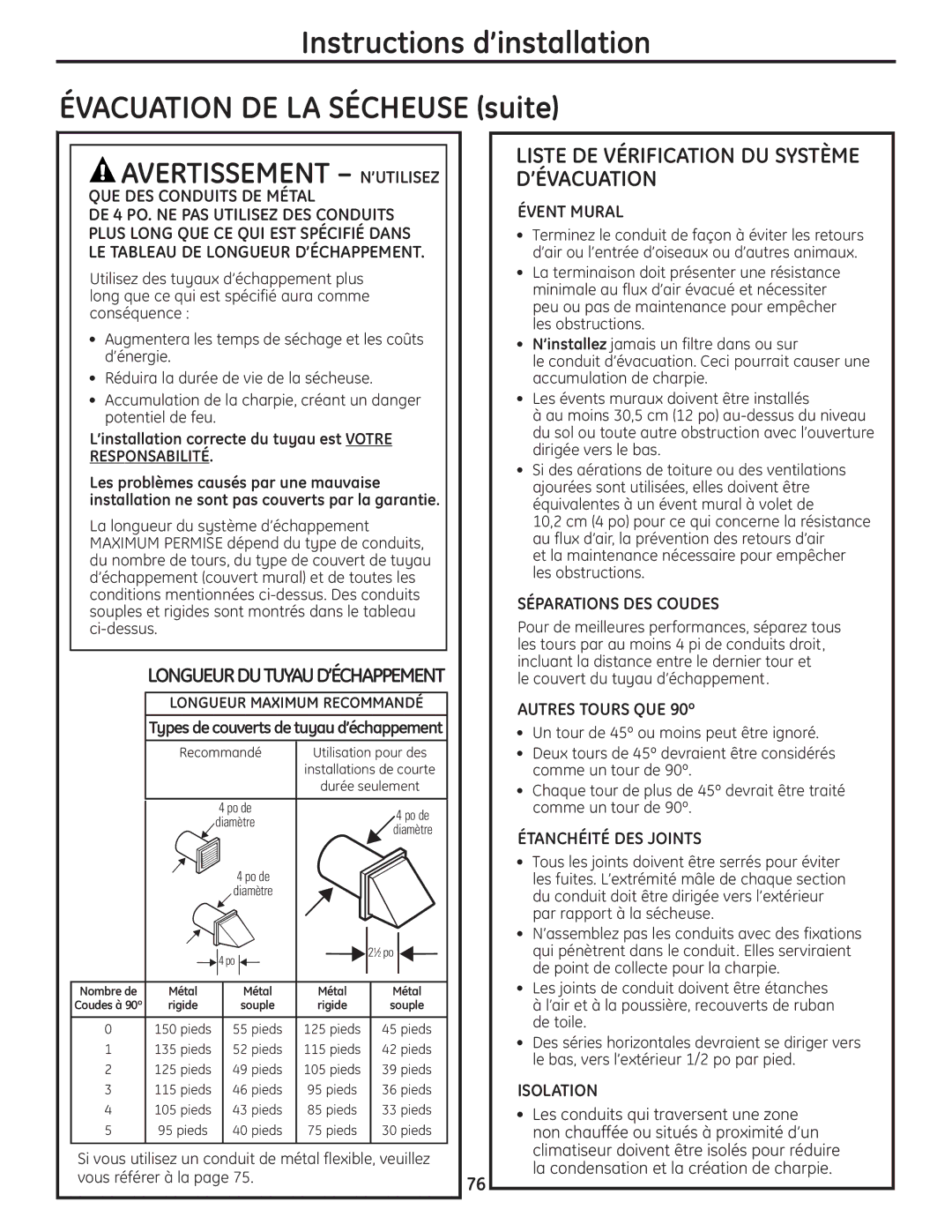 GE UPVH890 Instructions d’installation Évacuation DE LA Sécheuse suite, Longueurdutuyaud’Échappement, Autres Tours QUE 90º 