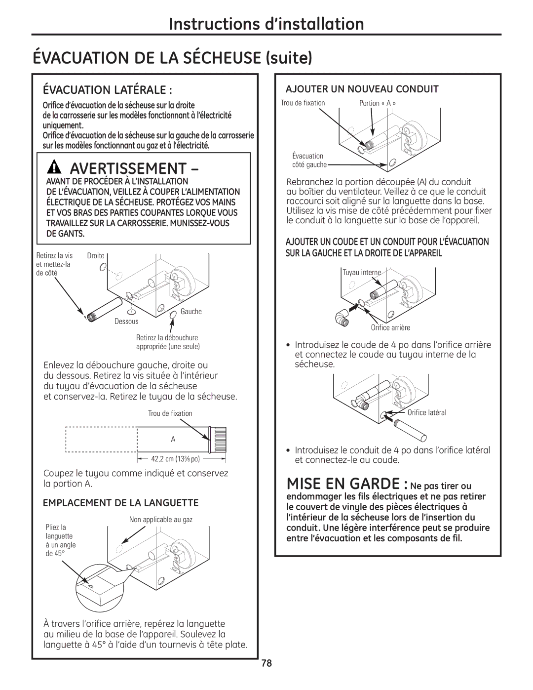 GE UPVH890 installation instructions Évacuation Latérale, Emplacement DE LA Languette, Ajouter UN Nouveau Conduit 