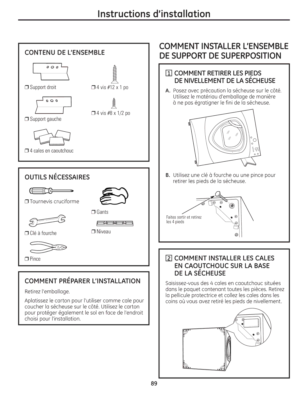 GE UPVH890 installation instructions Contenu DE L’ENSEMBLE, Tournevis cruciforme Gants Clé à fourche 