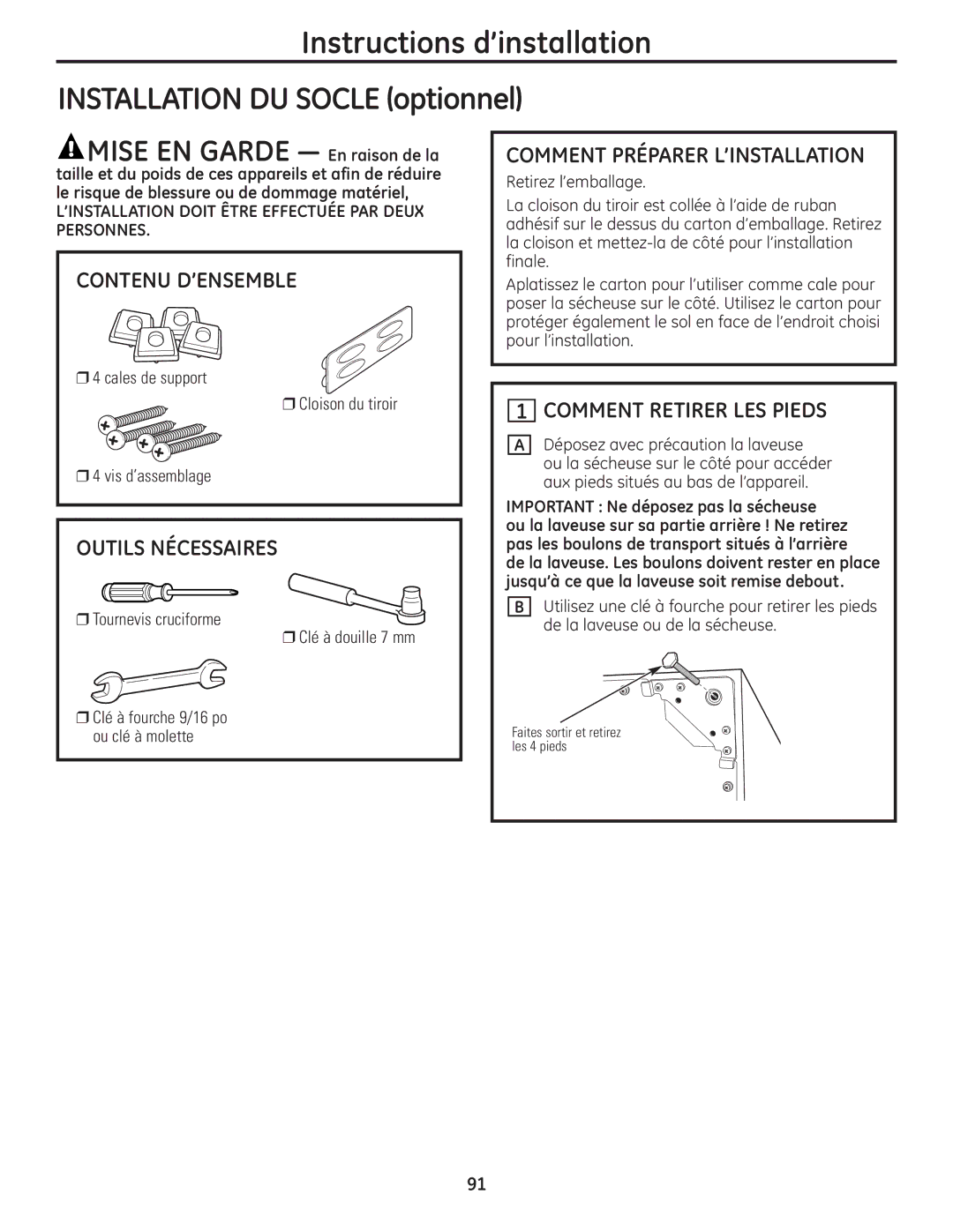 GE UPVH890 installation instructions Instructions d’installation Installation DU Socle optionnel, Contenu D’ENSEMBLE 