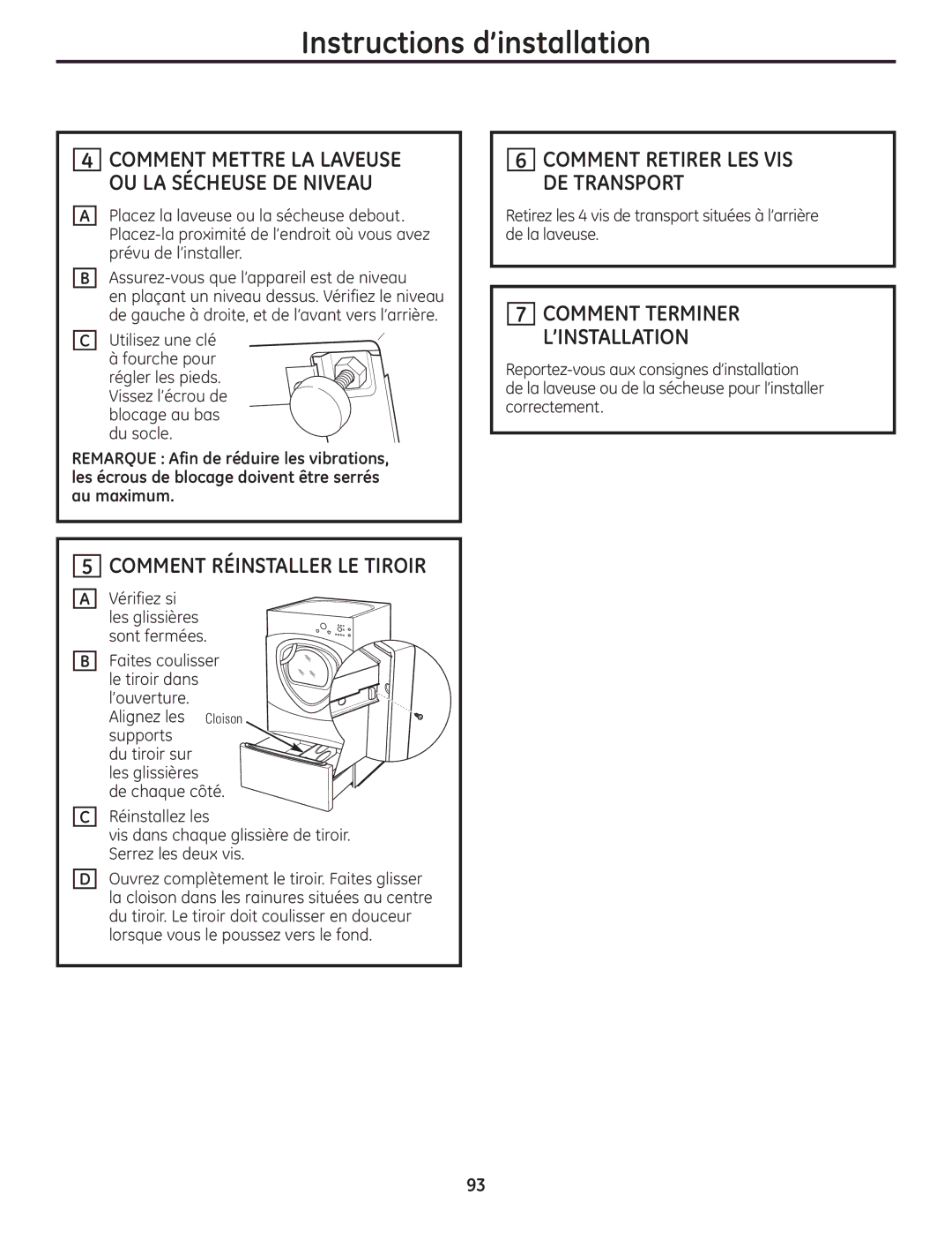 GE UPVH890 installation instructions Comment Réinstaller LE Tiroir, Comment Terminer L’INSTALLATION, Vérifiez si 