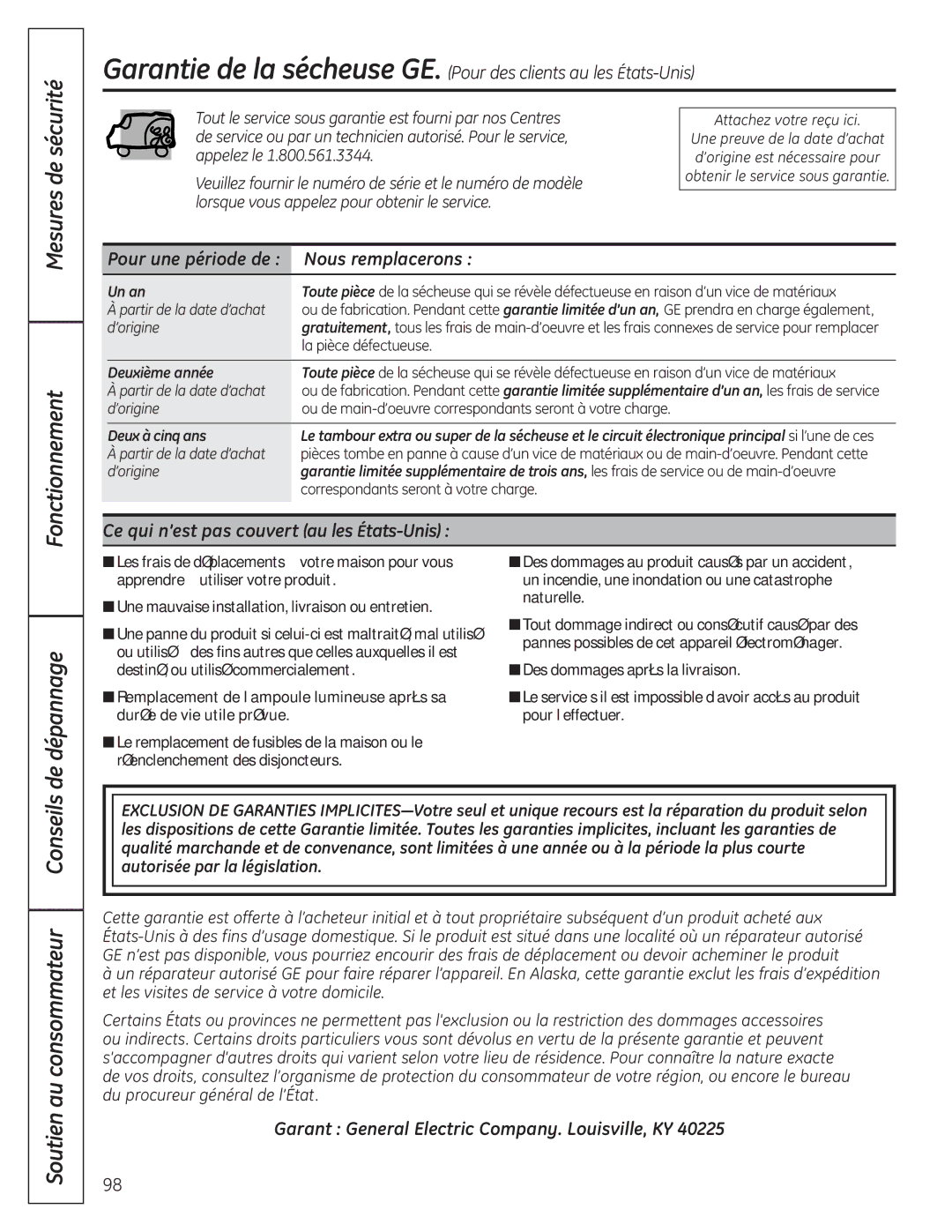 GE UPVH890 Nous remplacerons, Ce qui n’est pas couvert au les États-Unis, Garant General Electric Company. Louisville, KY 