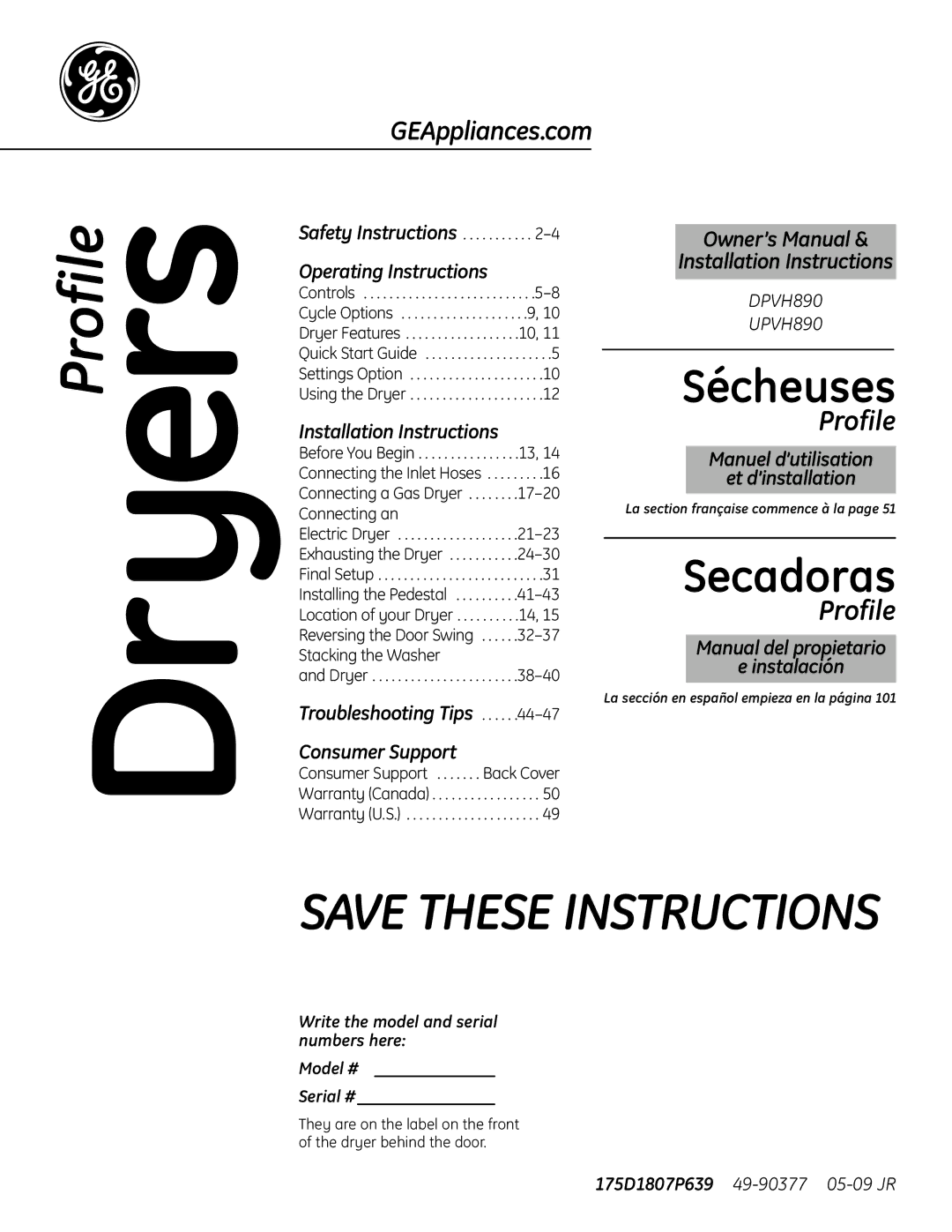 GE UPVH890 installation instructions Profile 