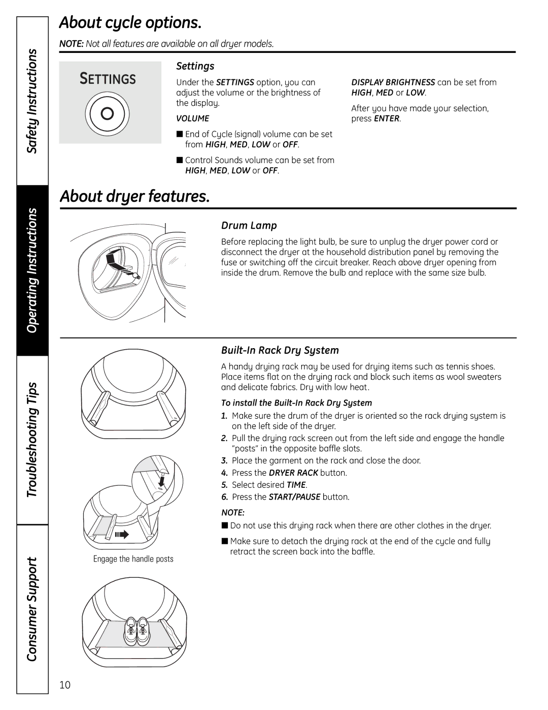 GE UPVH890 installation instructions About dryer features, Settings, Drum Lamp, To install the Built-In Rack Dry System 