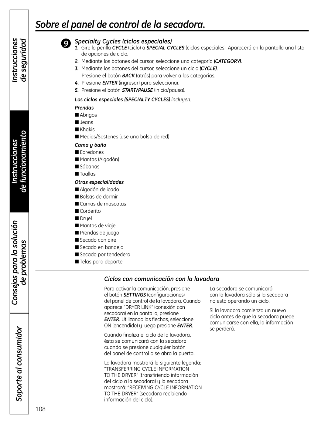 GE UPVH890 installation instructions Specialty Cycles ciclos especiales, Ciclos con comunicación con la lavadora, Prendas 