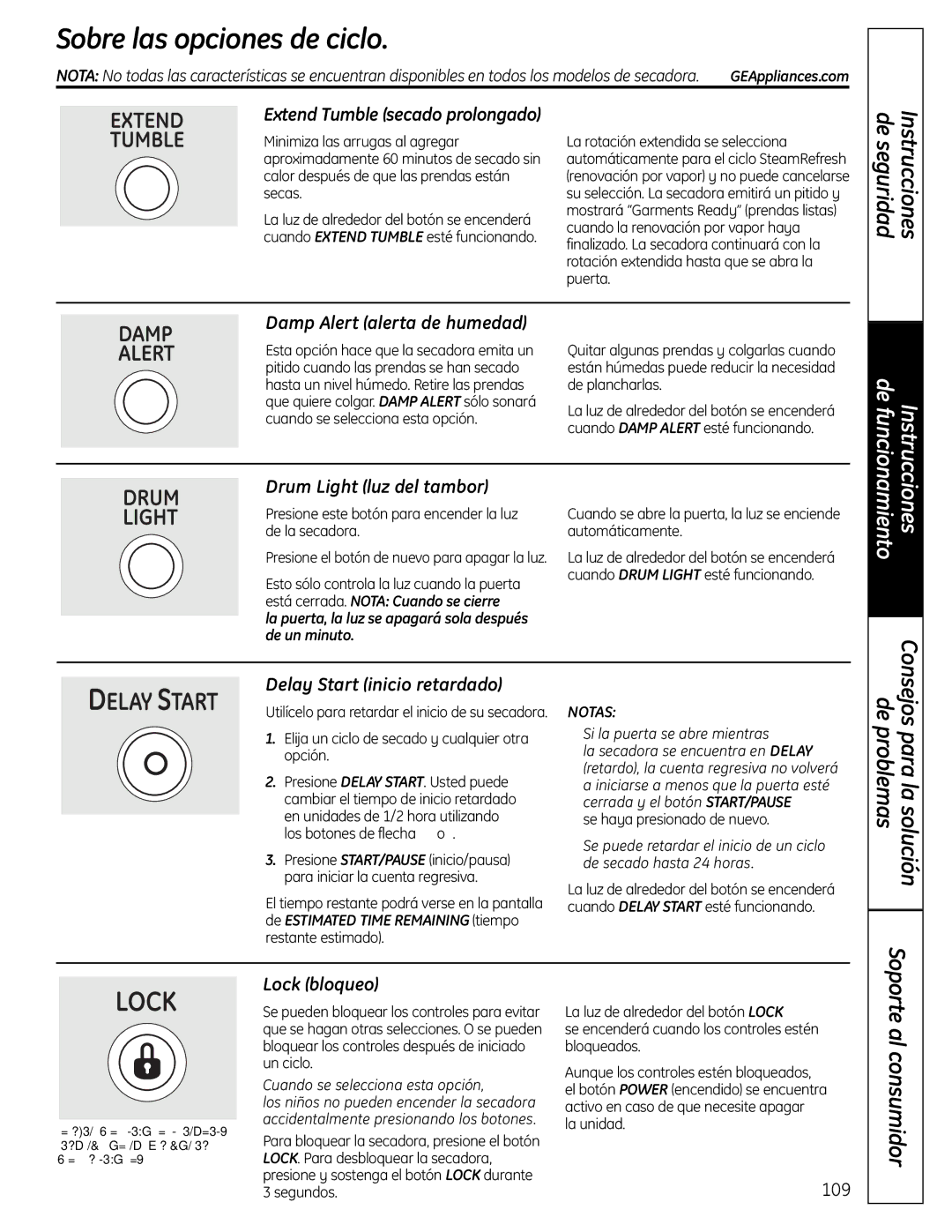 GE UPVH890 installation instructions Sobre las opciones de ciclo 