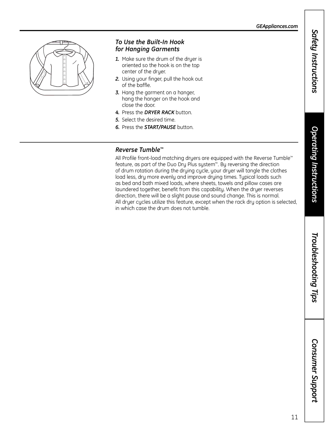 GE UPVH890 installation instructions To Use the Built-In Hook for Hanging Garments, Reverse Tumble 