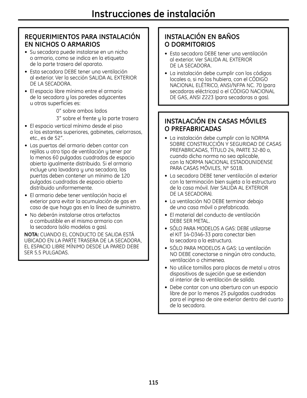 GE UPVH890 installation instructions Instalación EN Baños Dormitorios, Instalación EN Casas Móviles Prefabricadas 