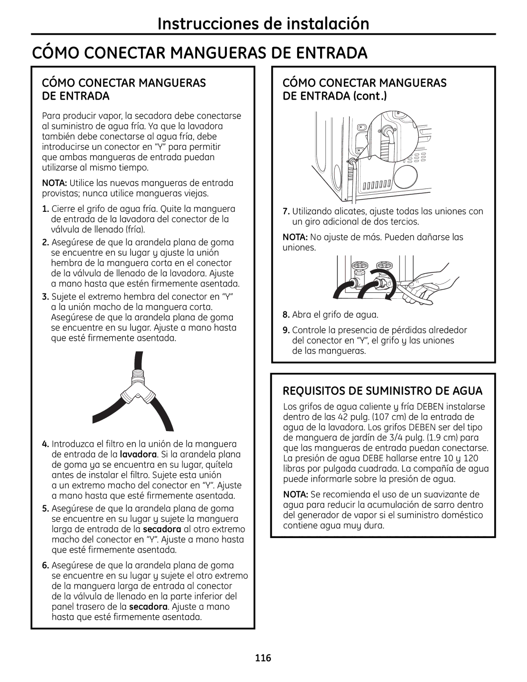 GE UPVH890 installation instructions Cómo Conectar Mangueras DE Entrada, Requisitos DE Suministro DE Agua 