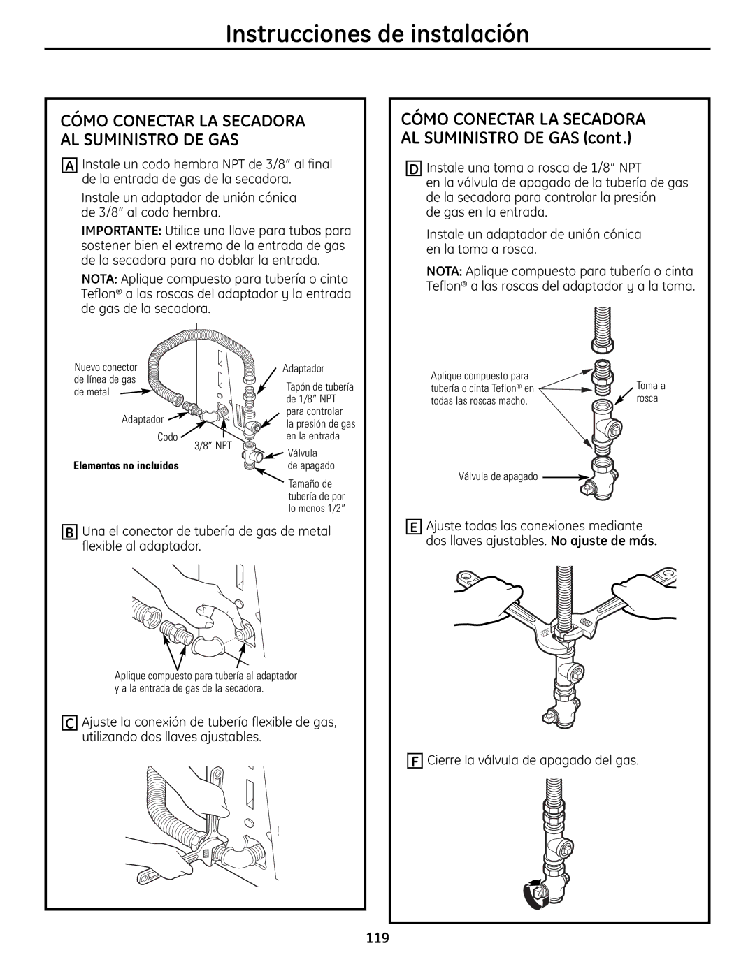 GE UPVH890 installation instructions Cómo Conectar LA Secadora AL Suministro DE GAS 