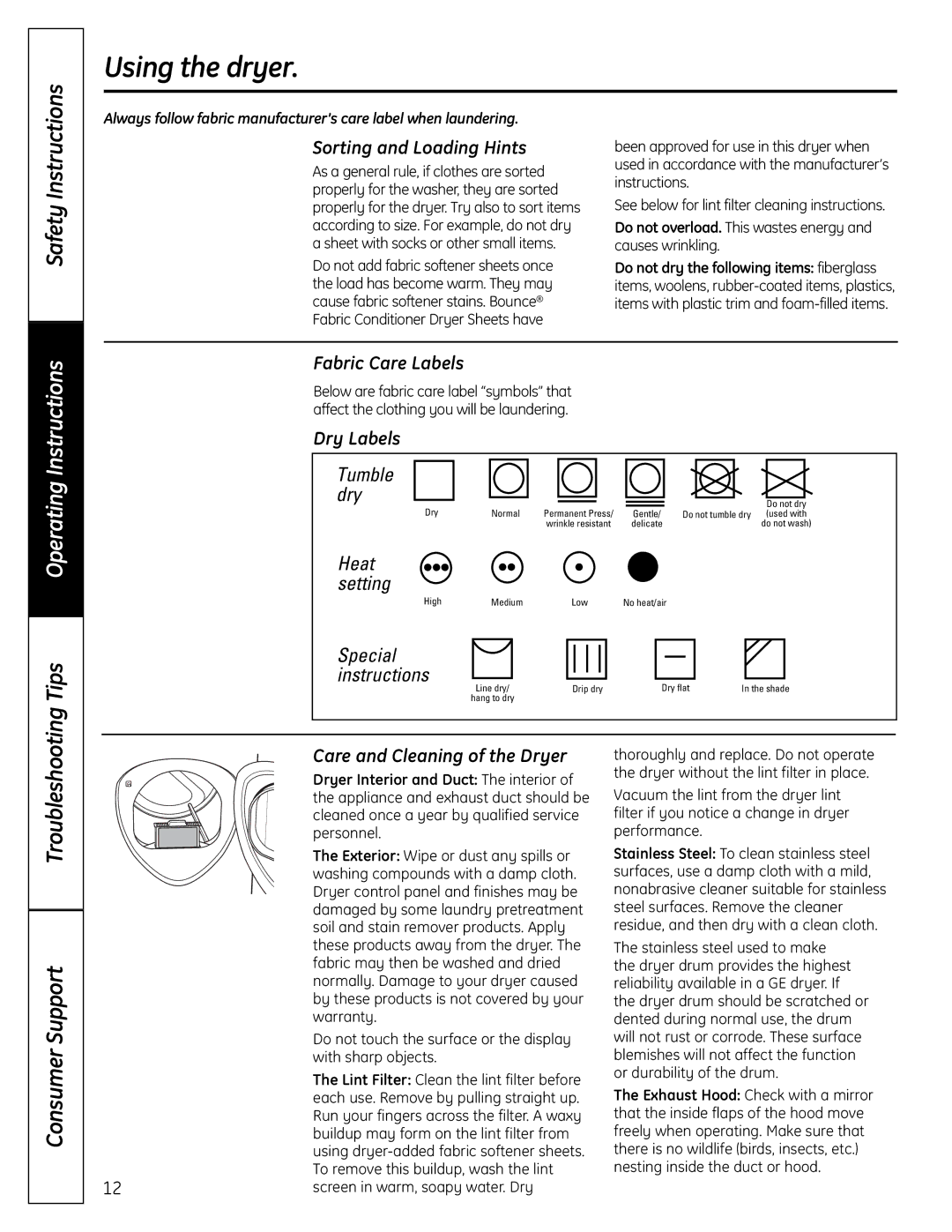 GE UPVH890 Using the dryer, Sorting and Loading Hints, Fabric Care Labels, Dry Labels, Care and Cleaning of the Dryer 