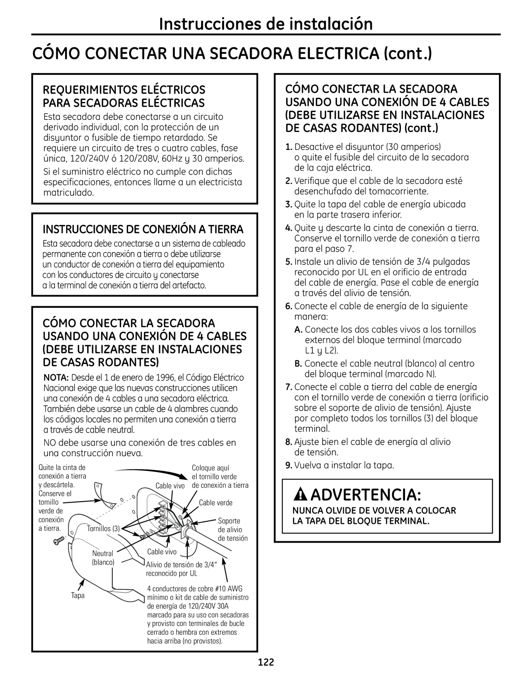 GE UPVH890 installation instructions Requerimientos Eléctricos Para Secadoras Eléctricas, Vuelva a instalar la tapa 