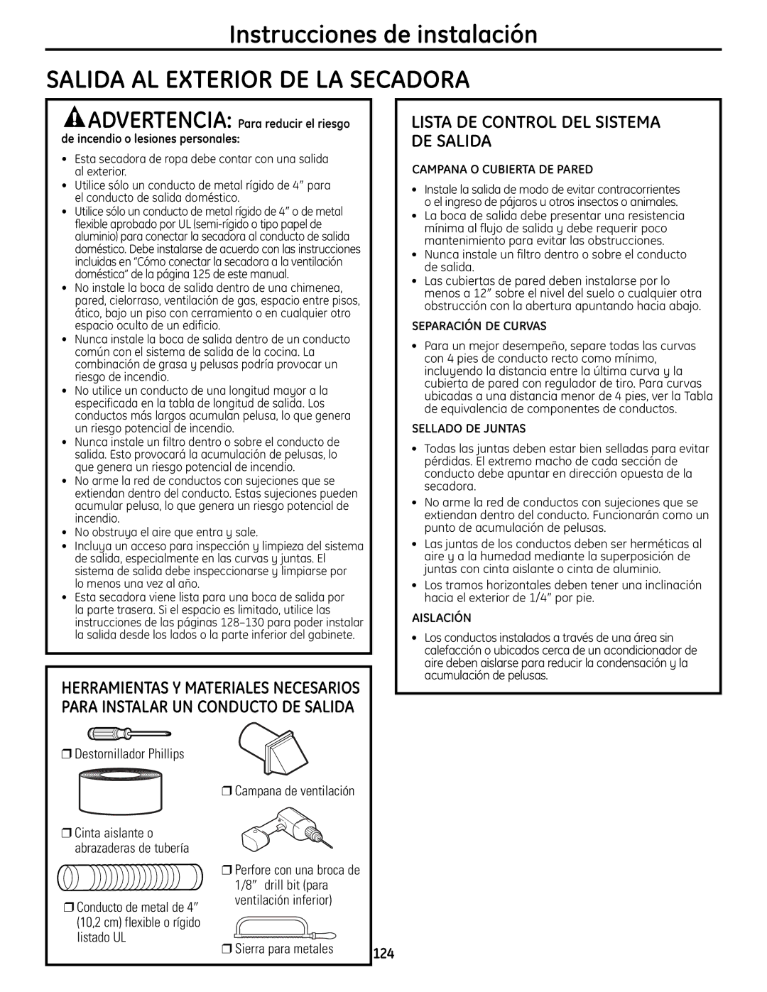 GE UPVH890 installation instructions Salida AL Exterior DE LA Secadora, Lista DE Control DEL Sistema DE Salida 